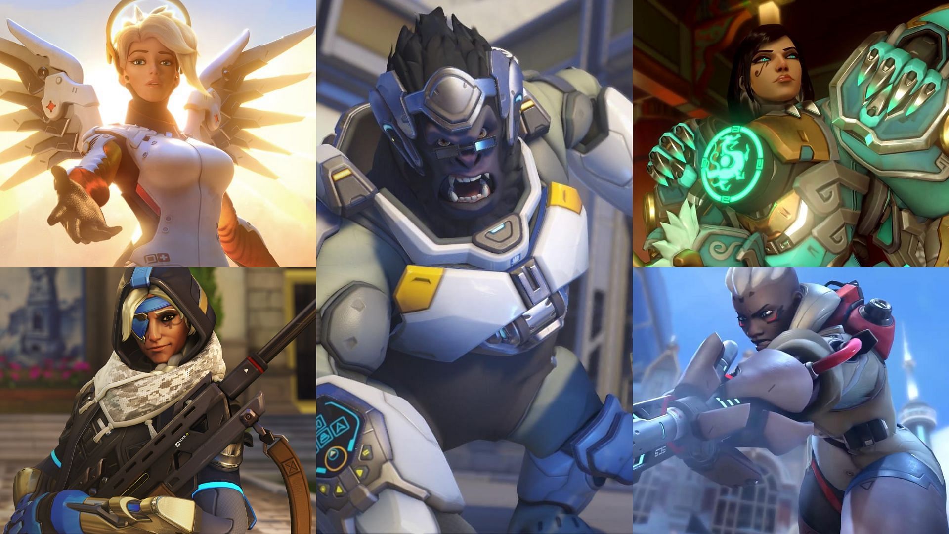 Best team composition for Winston, Pharah, Sojourn, Mercy, and Ana (Image via Sportskeeda and Blizzard Entertainment)