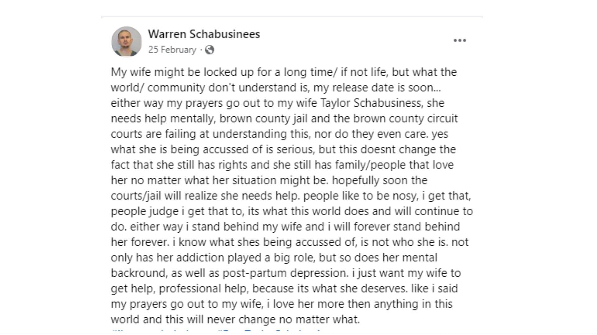 Warren Schabusiness said that he will continue to defend his wife, who reportedly suffered from post-partum depression and several other mental health issues (image via Facebook/Warren Schabusiness)