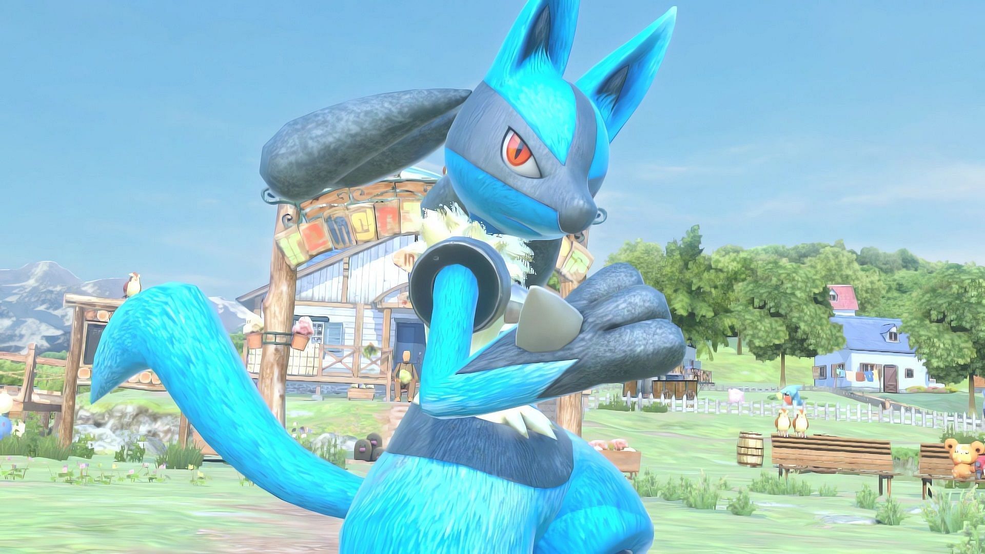 Lucario as it appears in Pokken Tournament, the Pokemon 3D fighting game for Nintendo Switch.