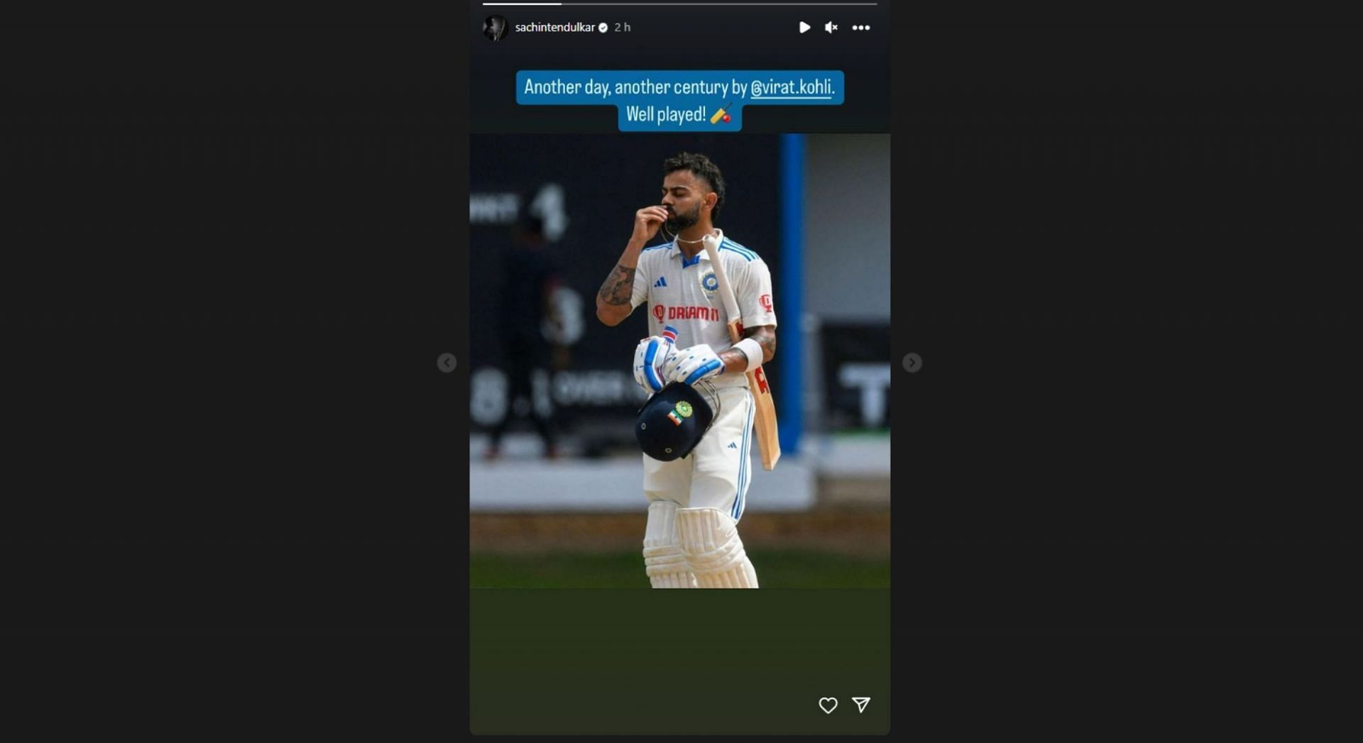 Sachin Tendulkar shared a picture of Virat Kohli celebrating his third Test century against the West Indies.