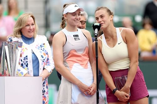 Aryna Sabalenka and Elena Rybakina at the 2023 BNP Paribas Open.