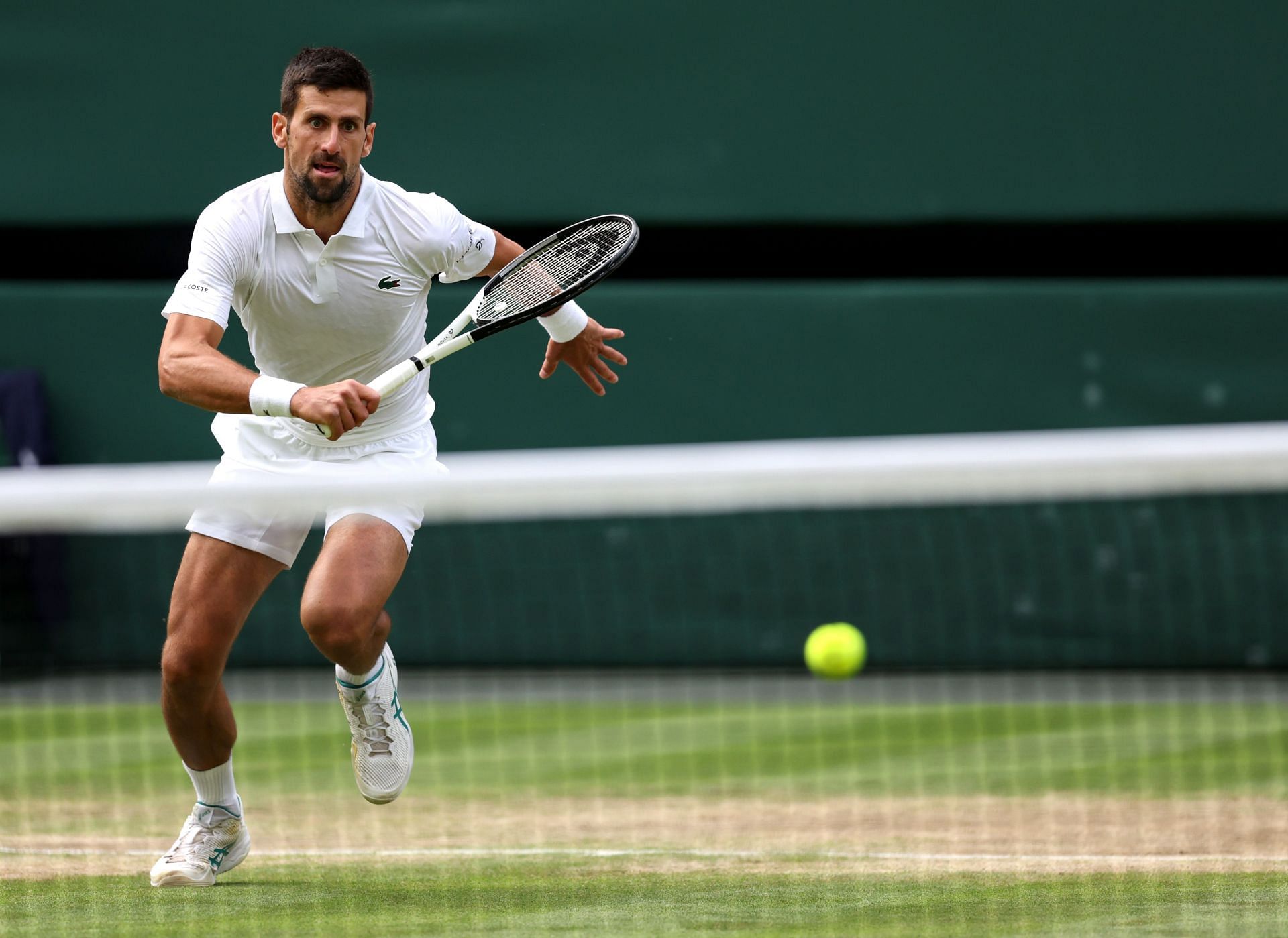 Novak Djokovic in action during the Wimbledon final against Carlos Alcaraz