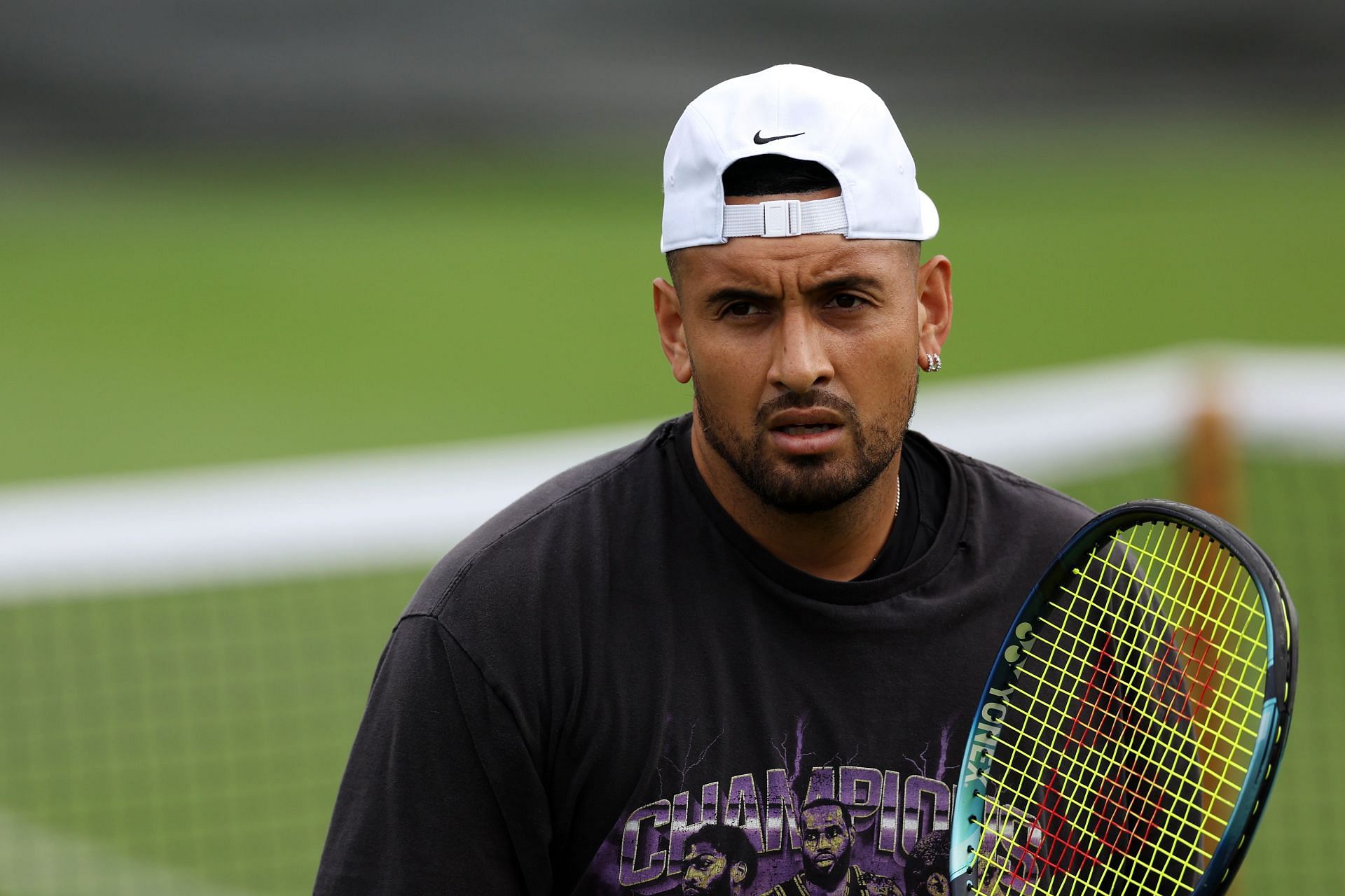 Nick Kyrgios in practice before being sidelined by a wrist injury.