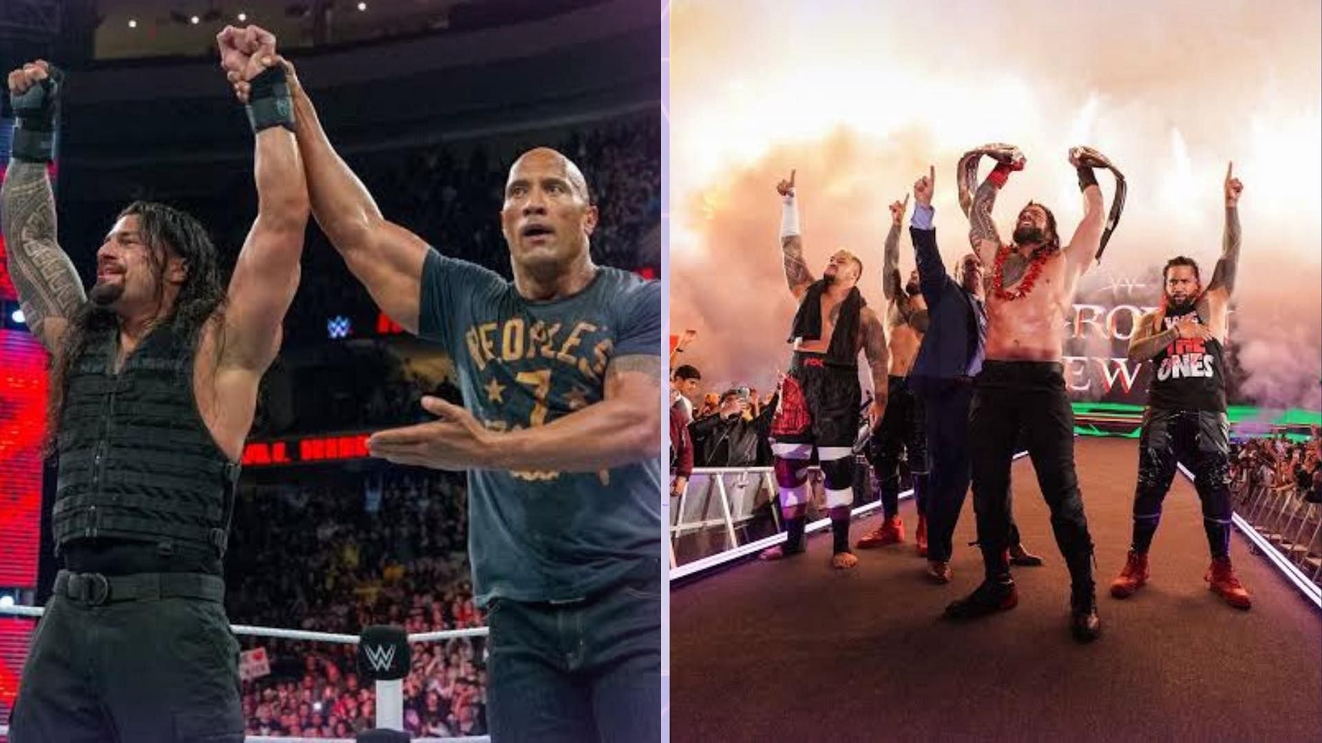 The Rock with Roman Reigns on left, The Bloodline on the right