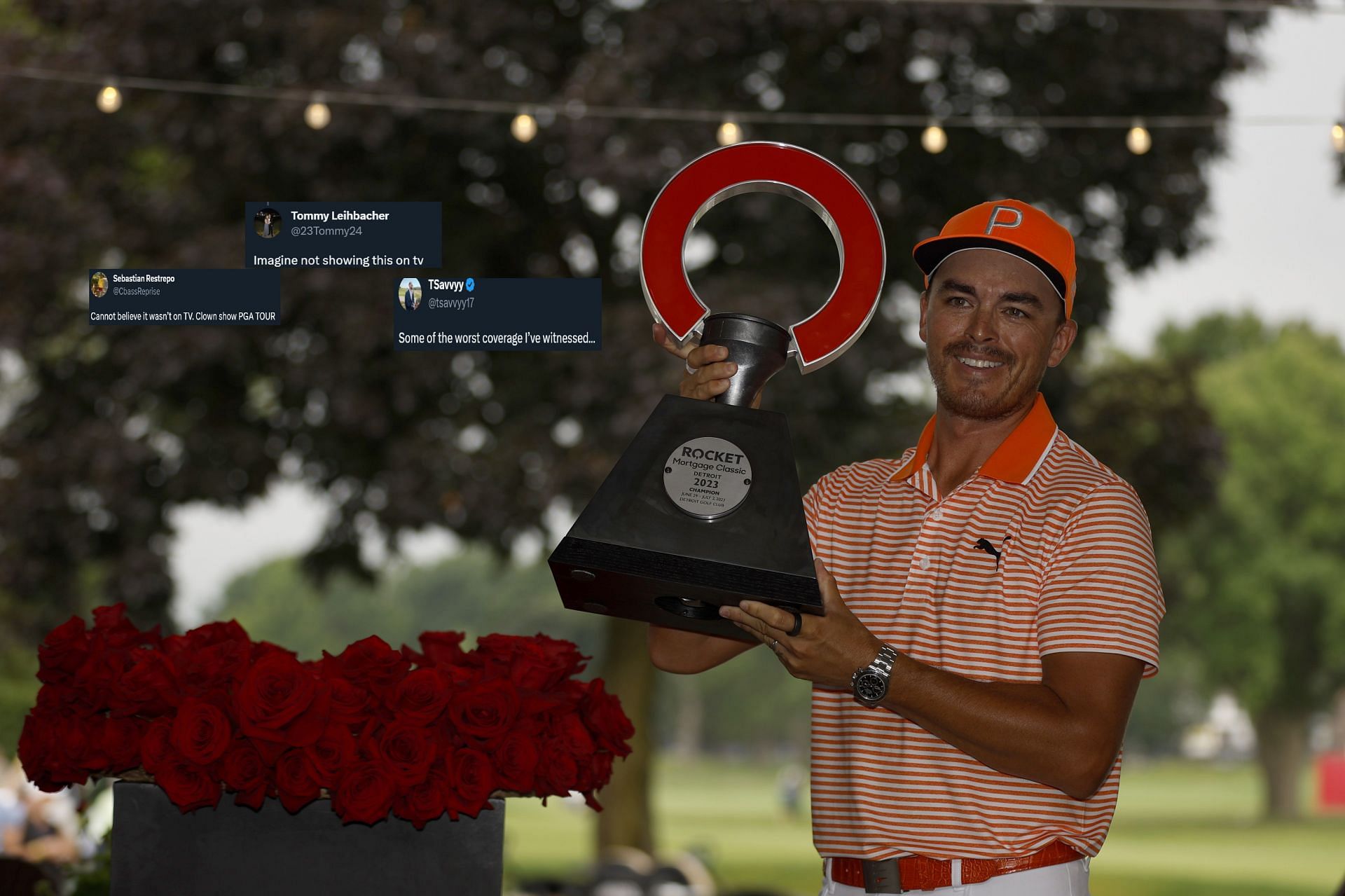 Rickie Fowler holding the trophy after winning the Rocket Mortgage Classic 2023