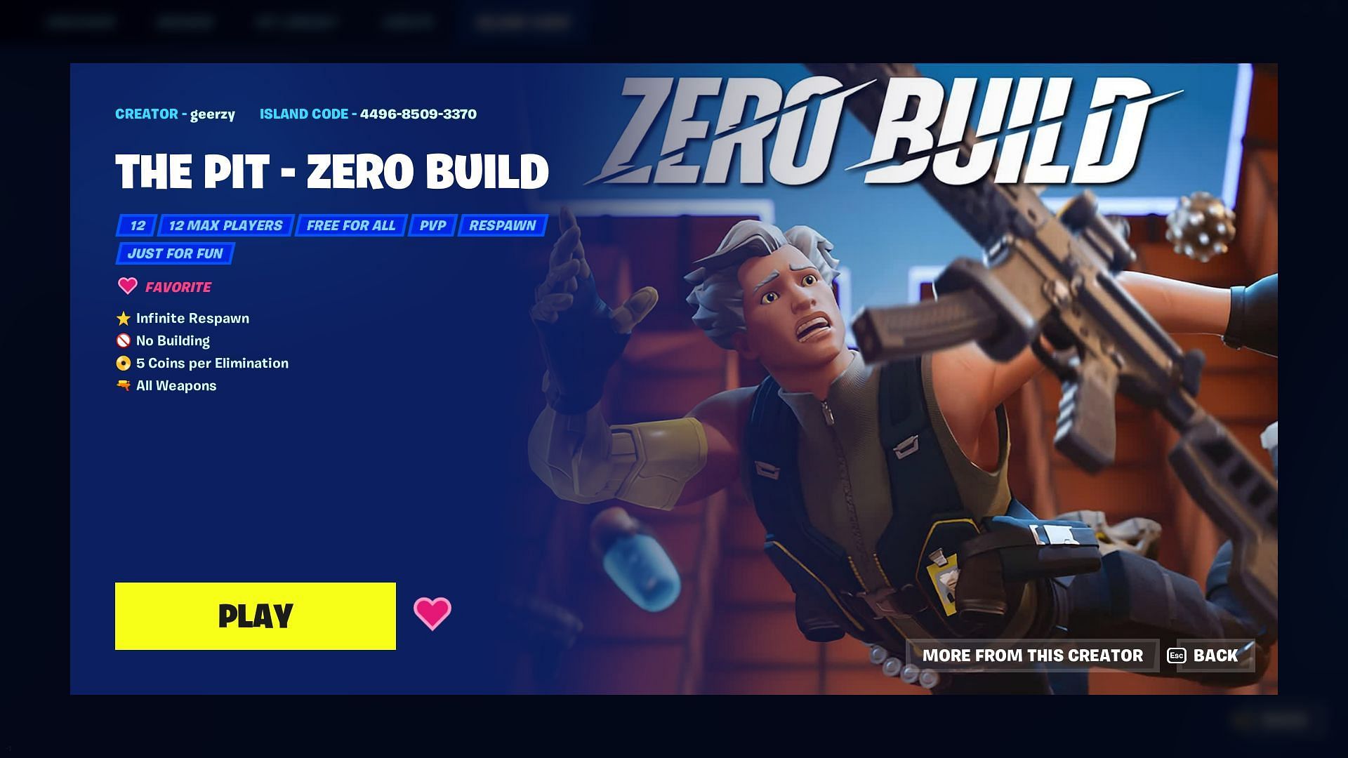 Remember to mark The Pit - Zero Build as favorite to find it easily (Image via Epic Games/Fortnite)