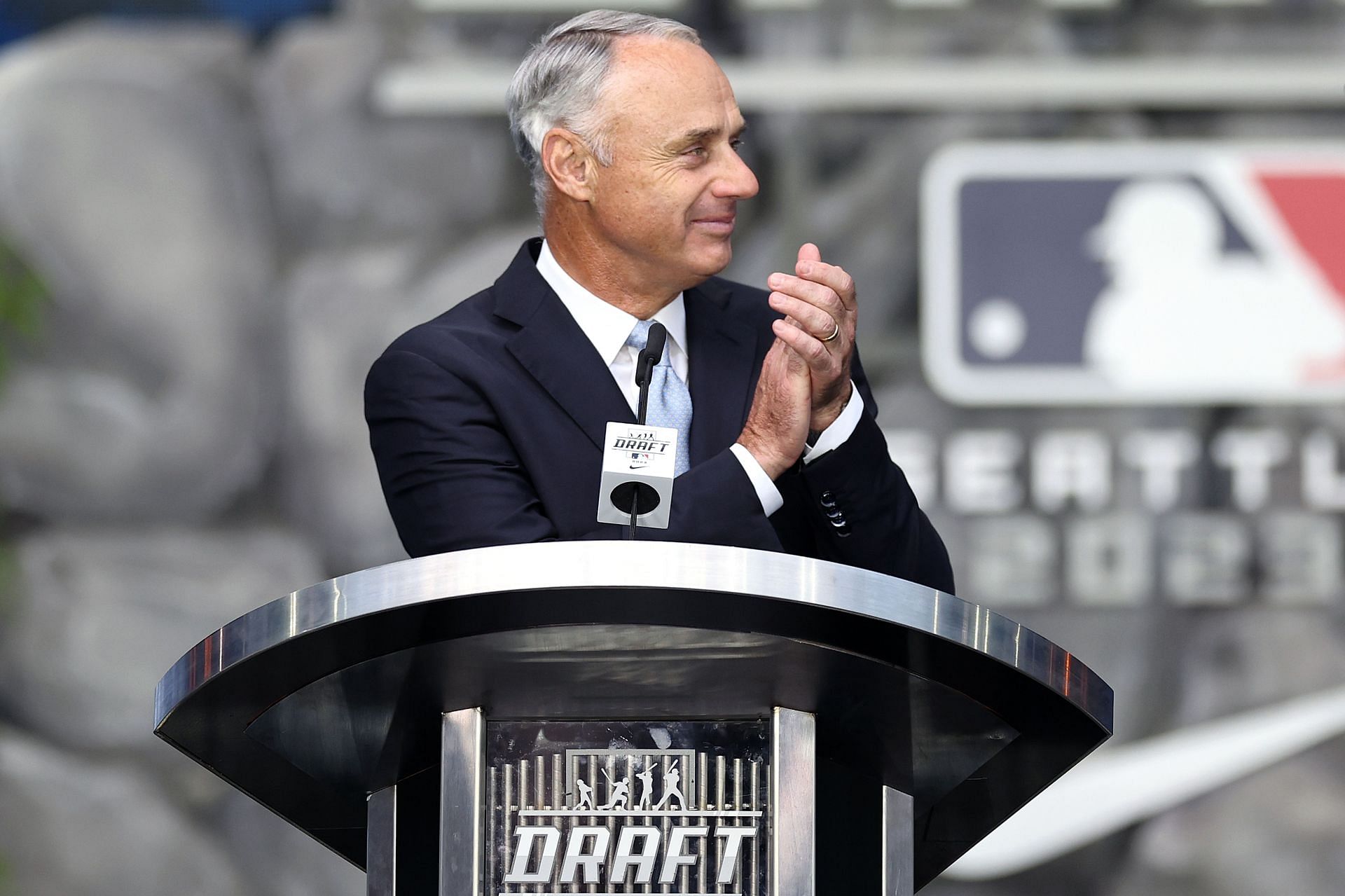 Major League Baseball commissioner Rob Manfred reacts during the first round of the 2023 MLB Draft