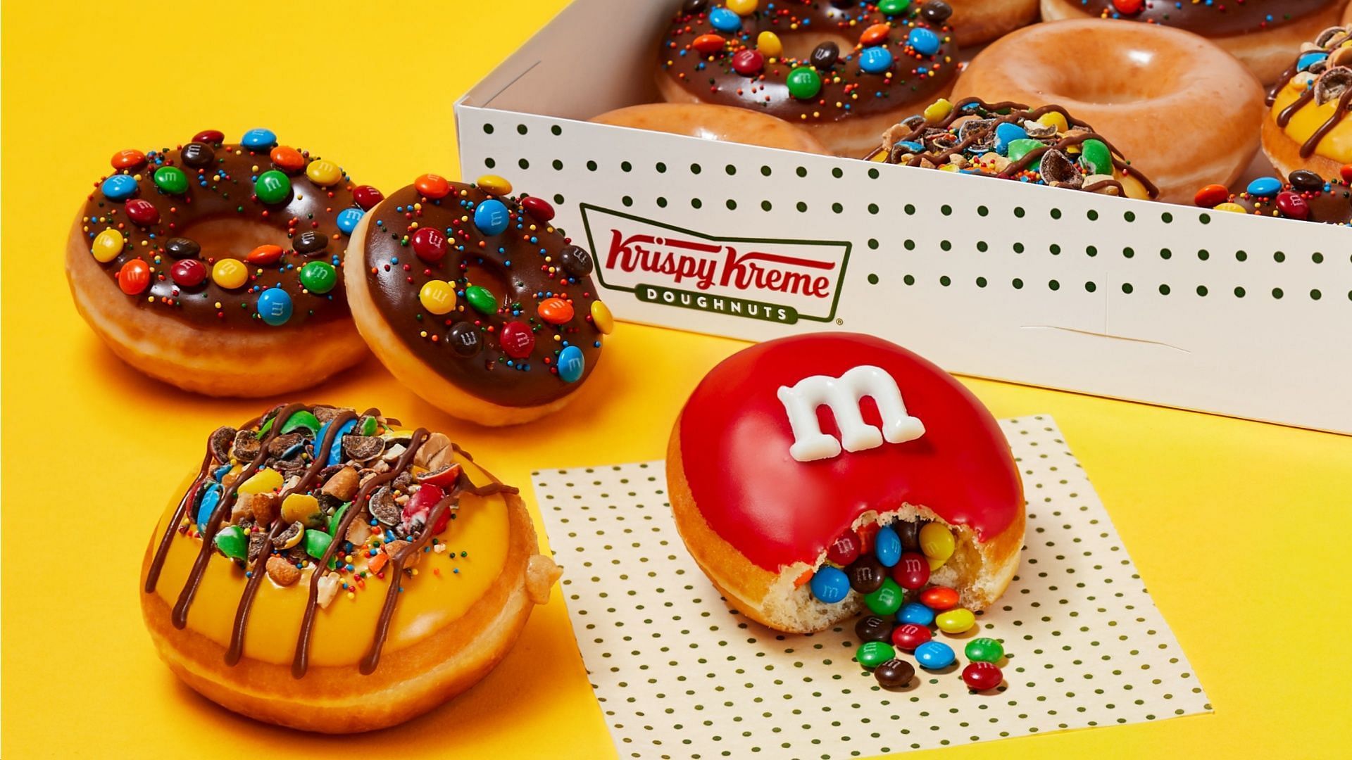 The new M&amp;M&#039;S collection of Krispy Kreme doughnuts will only be available on the menu for a limited time (Image via Krispy Kreme)