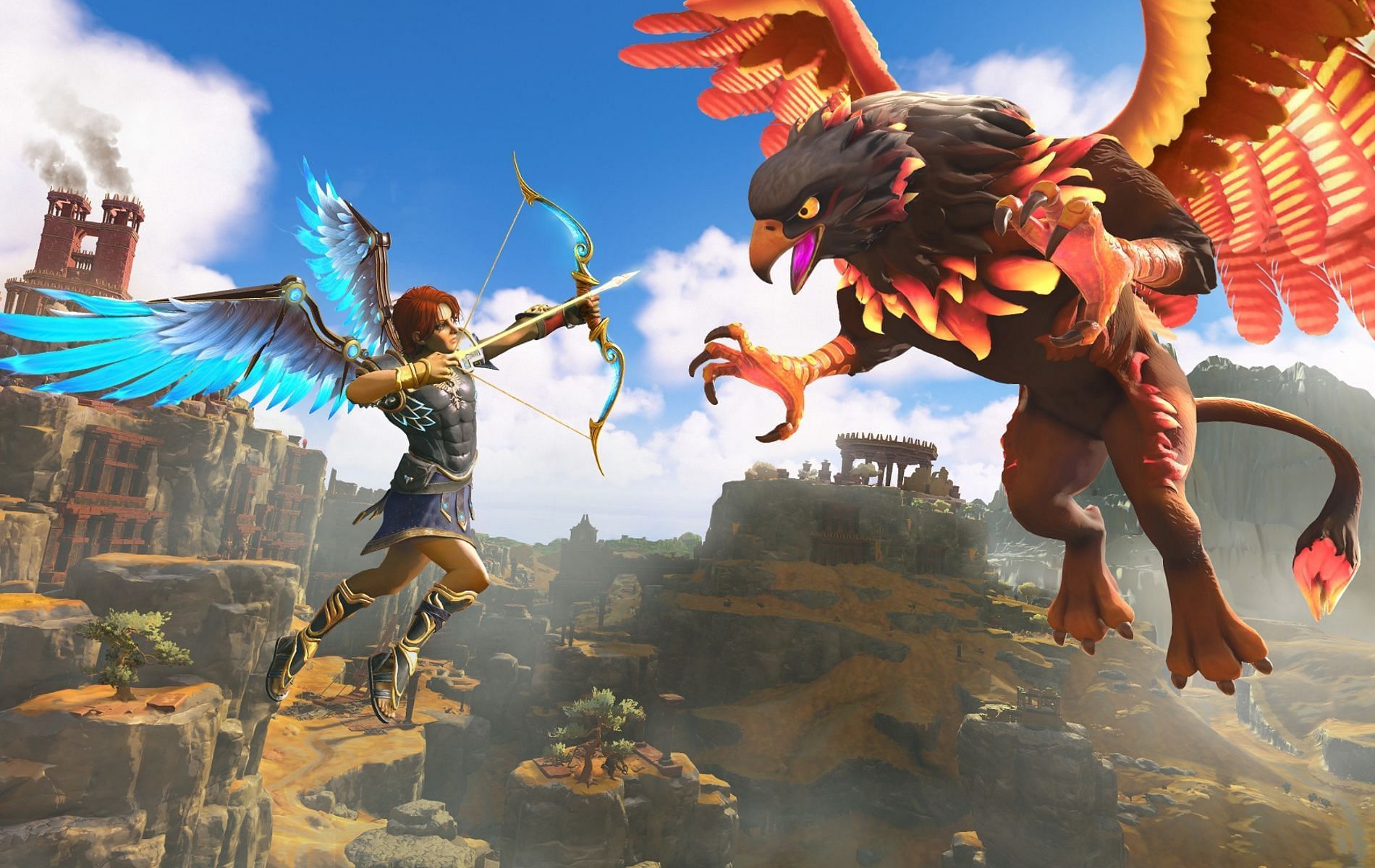 Cover art feauring Immortals Fenyx Rising featuring the protagonist Fenyx fighting a Griffin monster