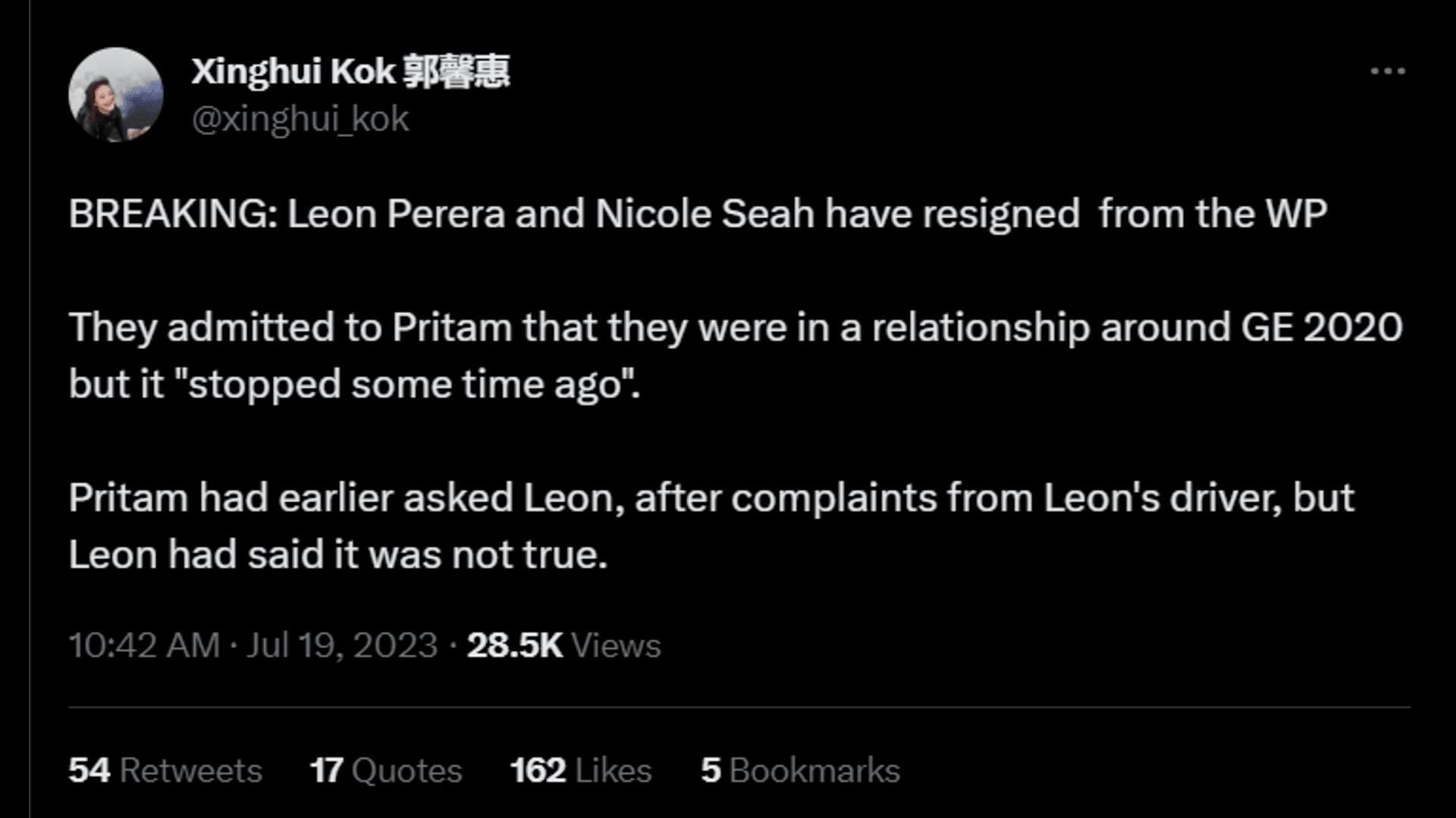 A netizen reporting the news of Leon Perera&#039;s resignation. (Image via Twitter/Xinghui Kok)