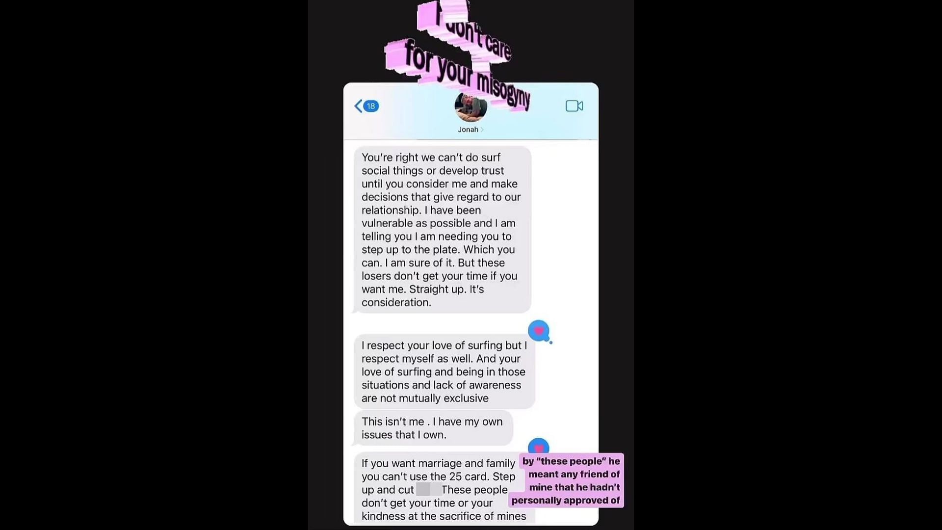 Screenshot of Sarah Brady&#039;s text messages with Hill. (Photo via sarahhbrady/Instagram)