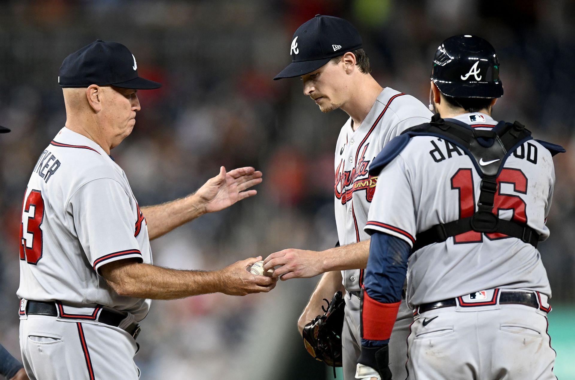 Max Fried of the Atlanta Braves is taken out of the game by manager Brian Snitker at Nationals Park