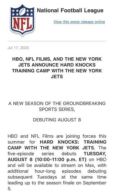 HBO 'Hard Knocks' schedule 2023: How to watch, stream training camp with  New York Jets