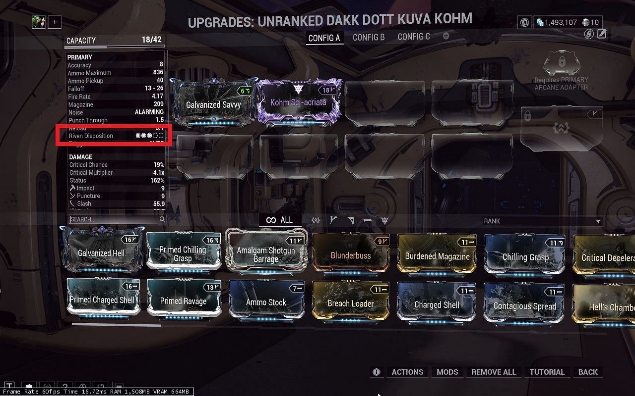 This is where you can check Riven Disposition for any weapon you own (Image via Digital Extremes)