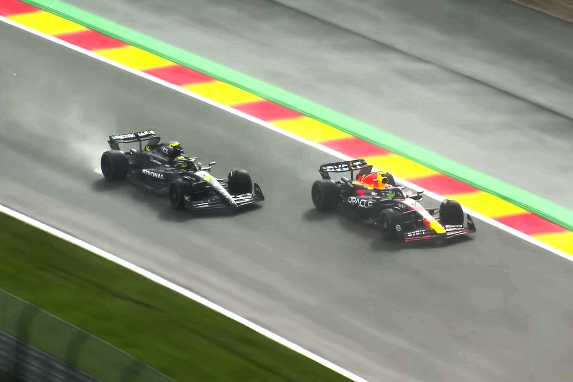 Sergio Perez (11) and Lewis Hamilton (44) during Sprint race prior to the 2023 F1 Belgian Grand Prix (Image via Sportskeeda)