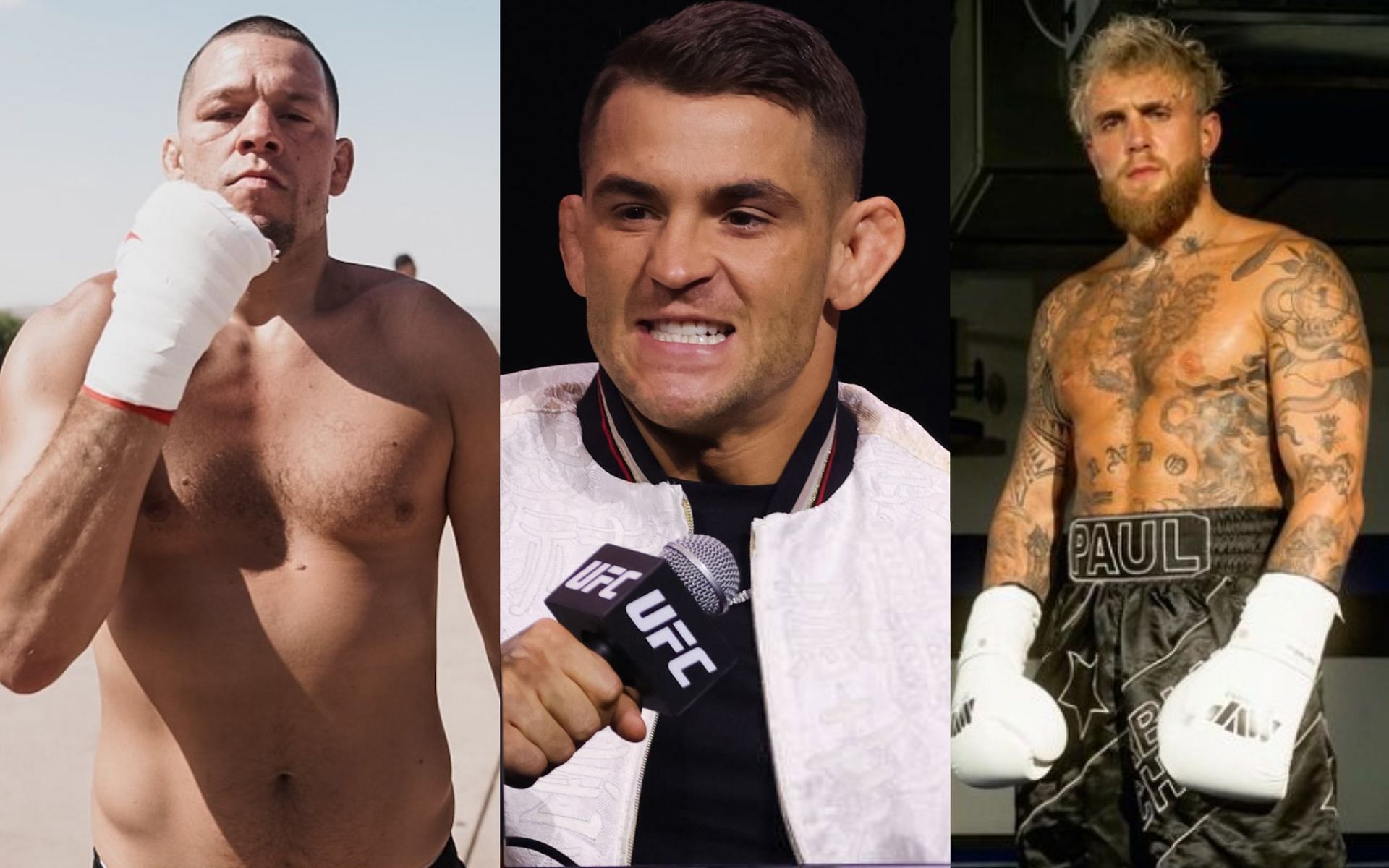 Nate Diaz (left), Dustin Poirier (middle) and Jake Paul (right) [Images Courtesy: @natediaz209 and @jakepaul on Instagram and @GettyImages]
