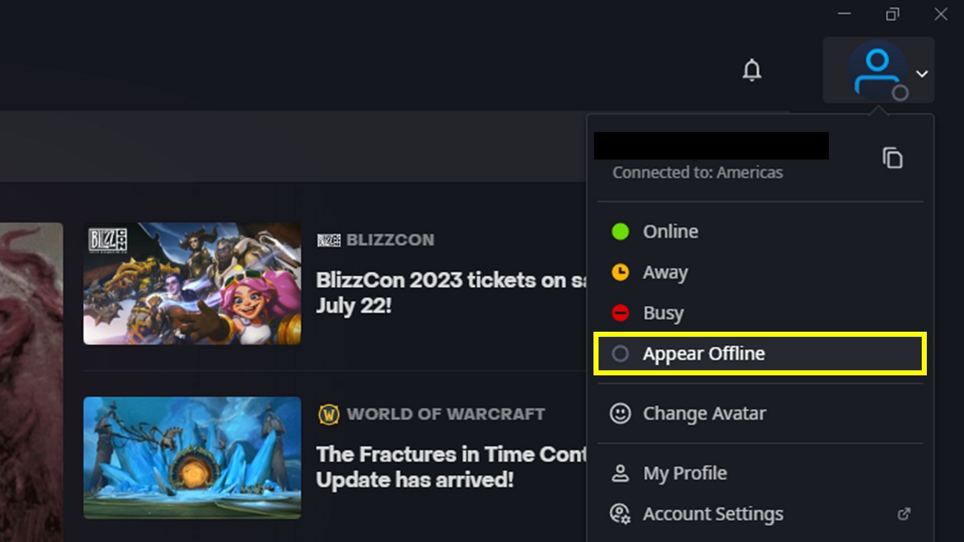 You can simply click on &quot;Appear Offline&quot; in Battle.net (Image via Activision Blizzard)