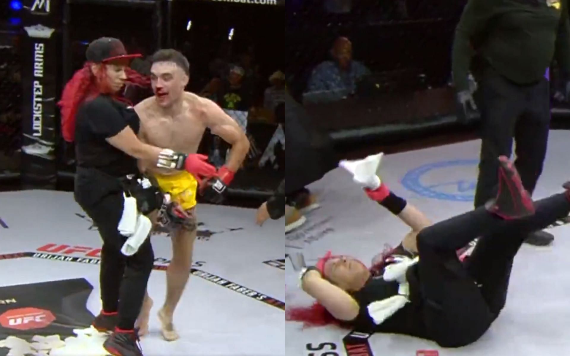 A cut woman accidentally getting knocked down by a fighter [Image source: @UFCFightPass on Twitter]