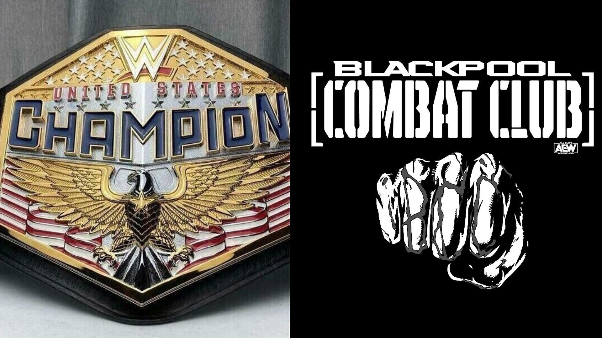 WWE United States Championship belt (left), Blackpool Combat Club logo (right)