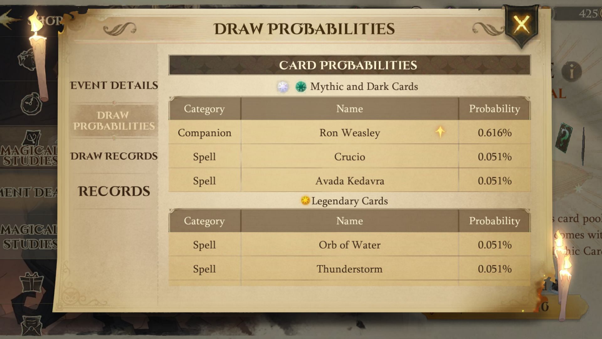 These are the probabilities of Mythic and Dark cards (Image via Harry Potter Magic Awakened)