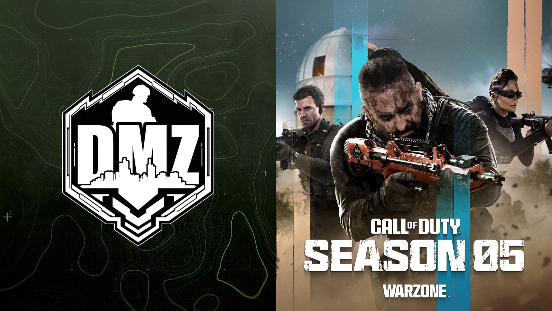 DMZ logo with a green ground on the left and three Operators holding weapons in the left with Season 5 Warzone 2 logo positioned at the bottom.