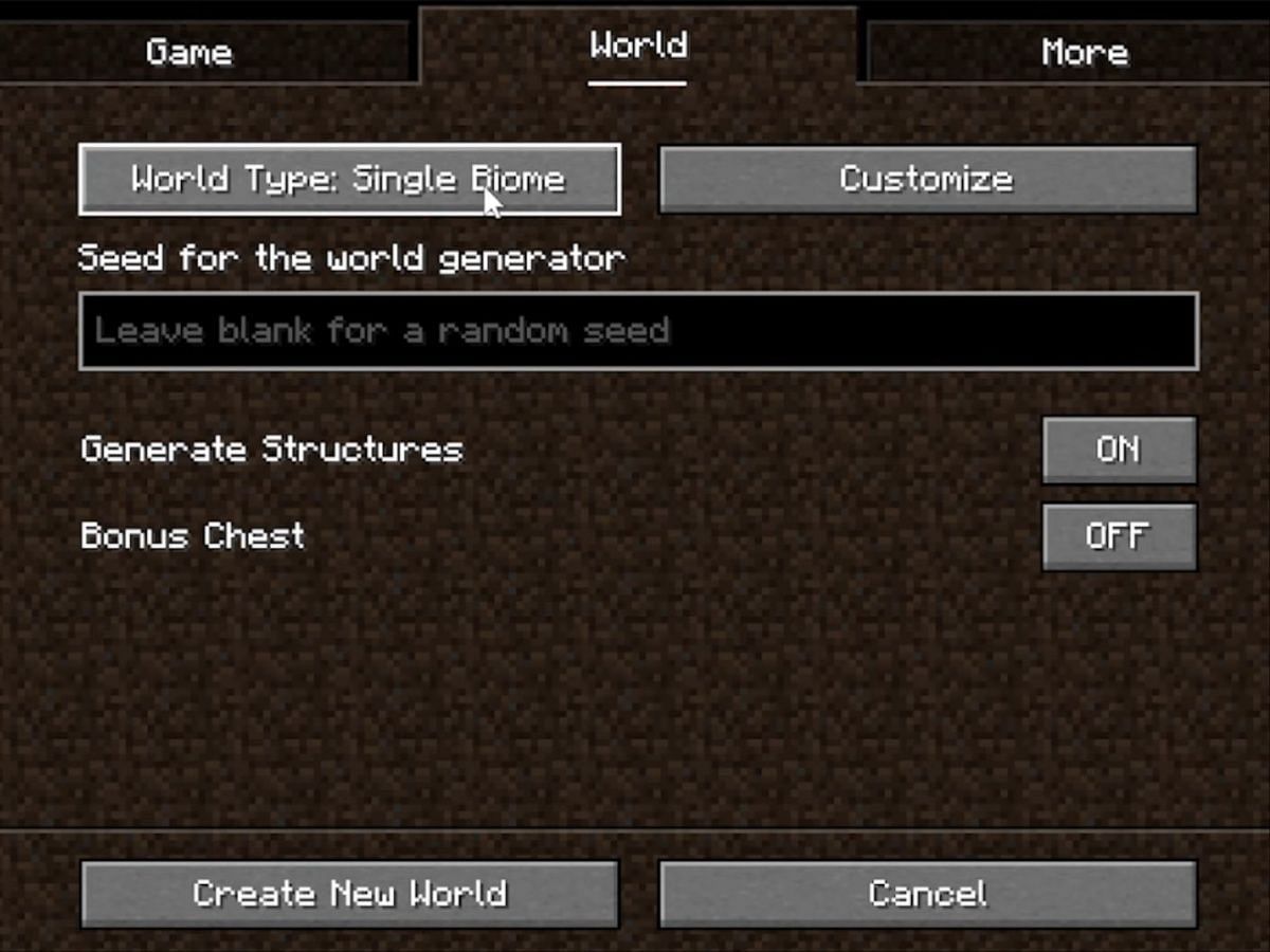 If you want only one type of biome, this is another simple option (Image via Mojang Studios)