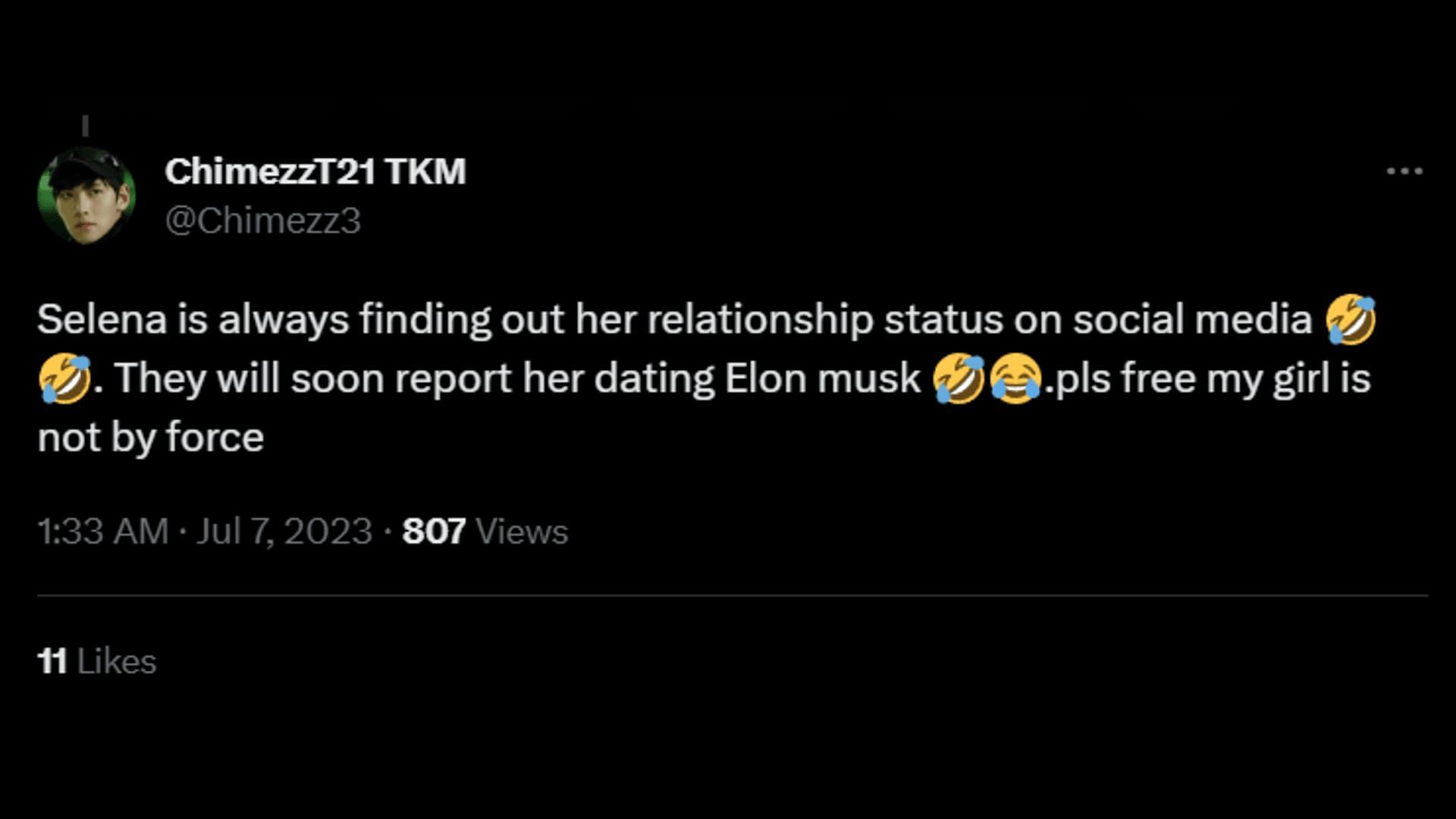 A netizen hilariously says how Selena always finds out her relationship status from social media. (Image via Twitter/ChimezzT21 TKM)