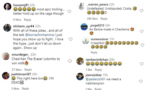 Fans reacting to Paulo Costa's meme on Khamzat Chimaev posted on his Instagram