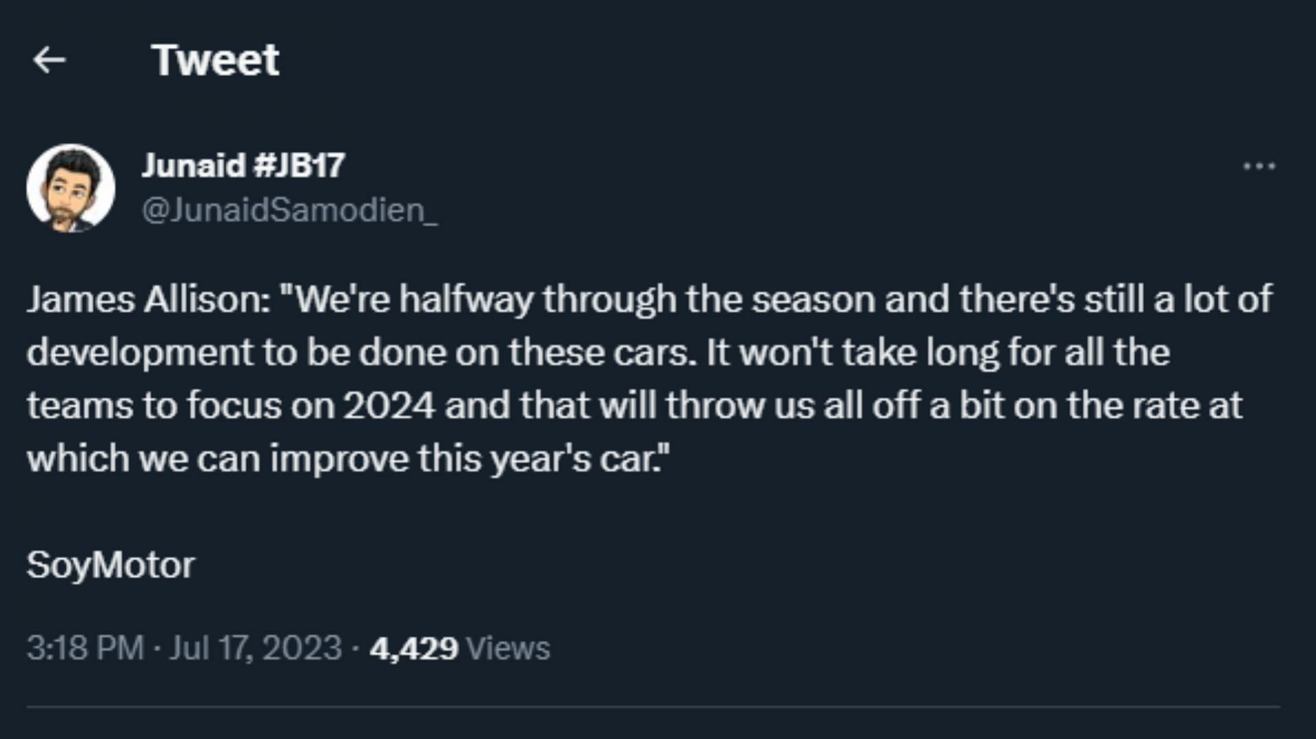 Tweet about Mercedes technical director James Allison on bringing upgrades for both 2023 and 2024 Mercedes F1 cars (Image via Sportskeeda)