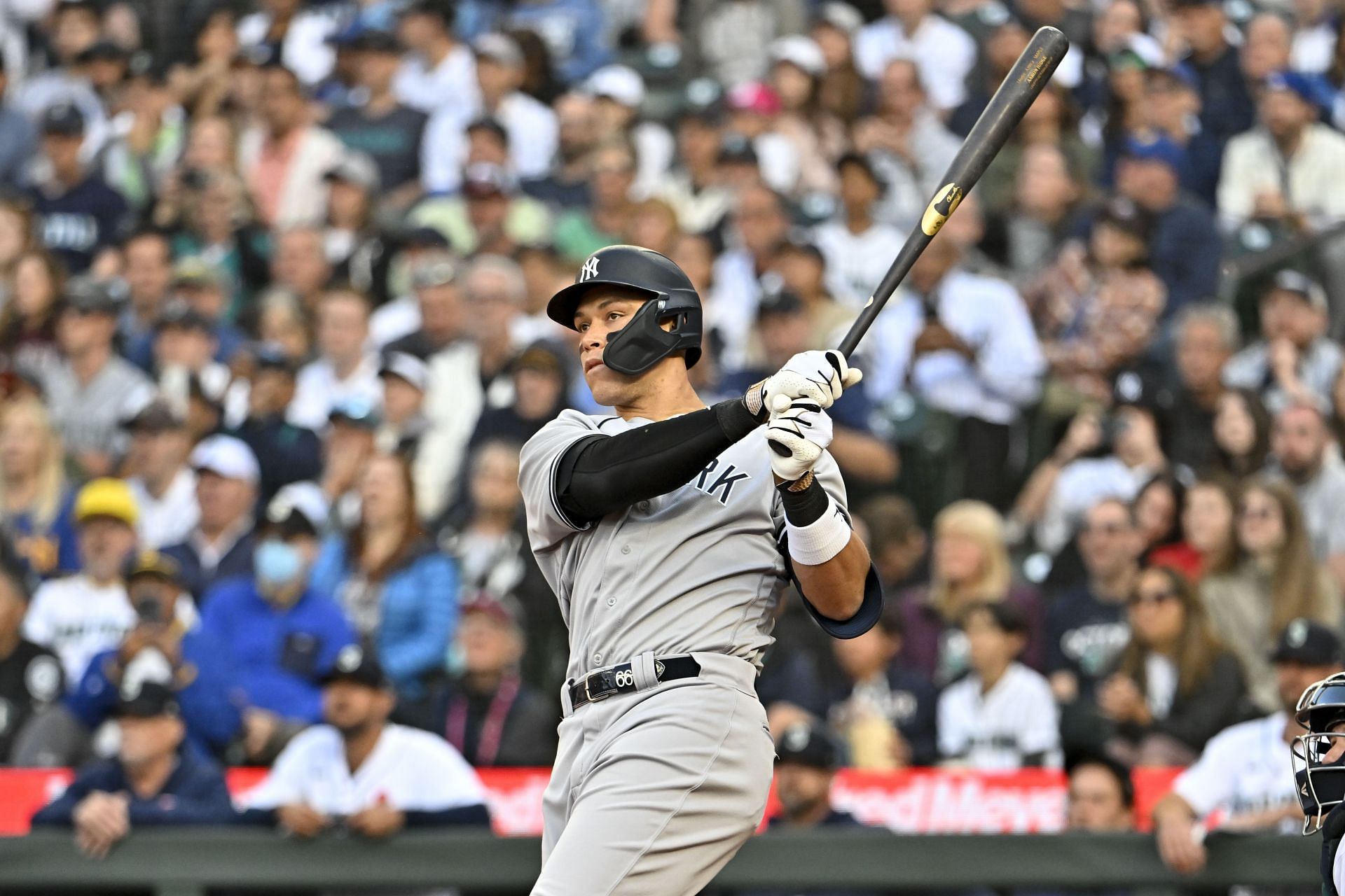 Aaron Judge of the New York Yankees hits a two-run home run against the Seattle Mariners at T-Mobile Park