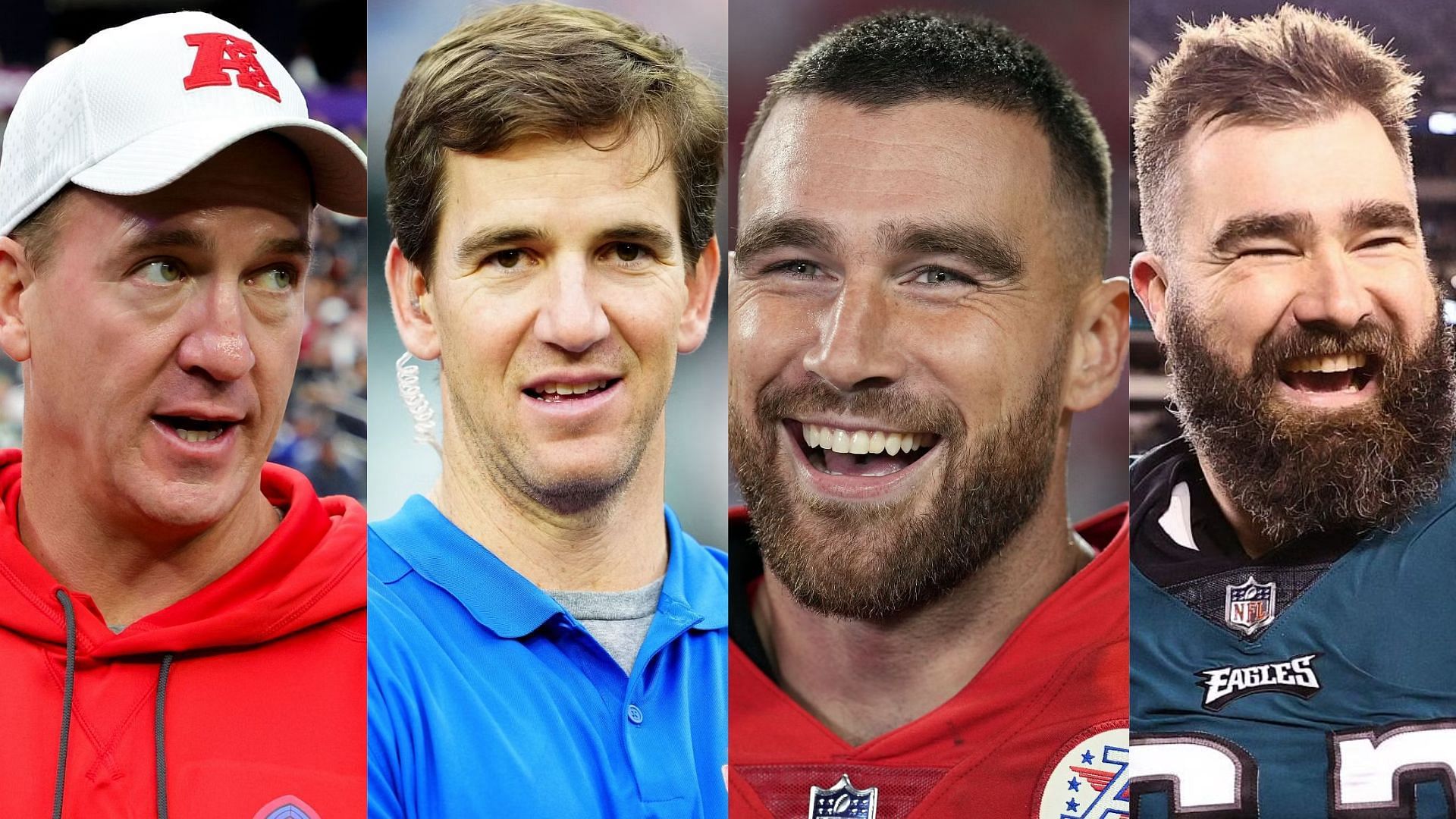 Super Bowl winners Peyton Manning, Eli Manning, Travis Kelce, and Jason Kelce.