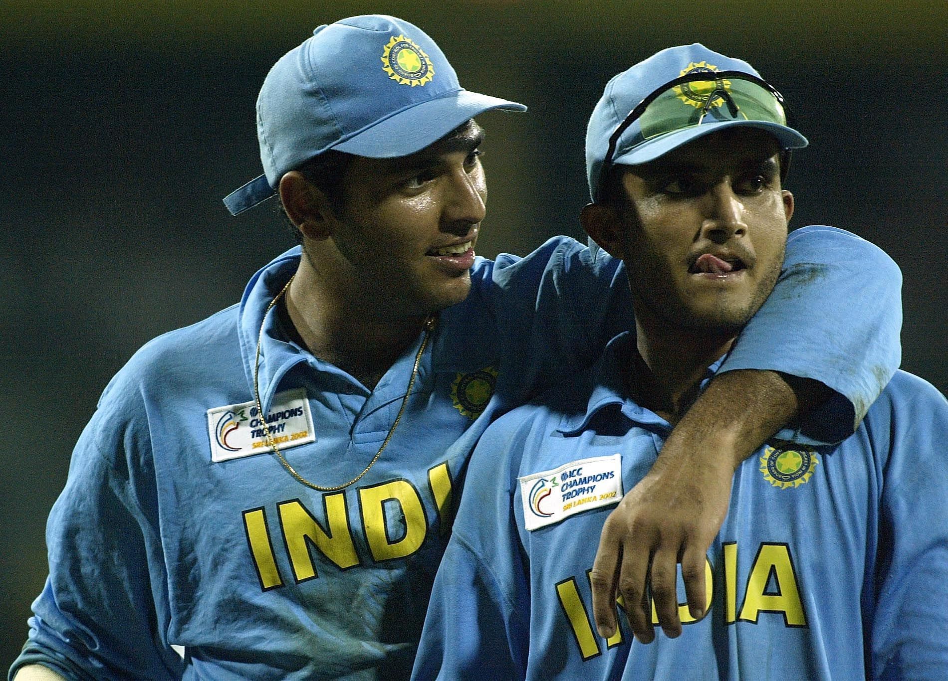Youvraj Singh and Saurav Ganguly of India celebrate