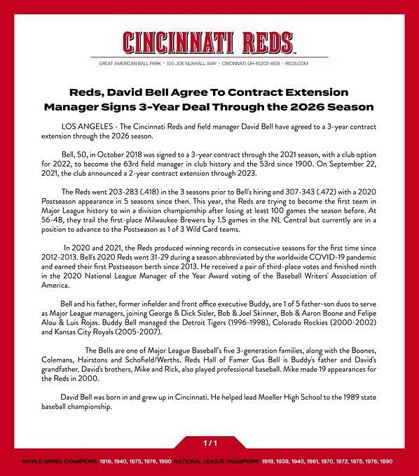 Reds manager David Bell gets 3-year contract extension - NBC Sports