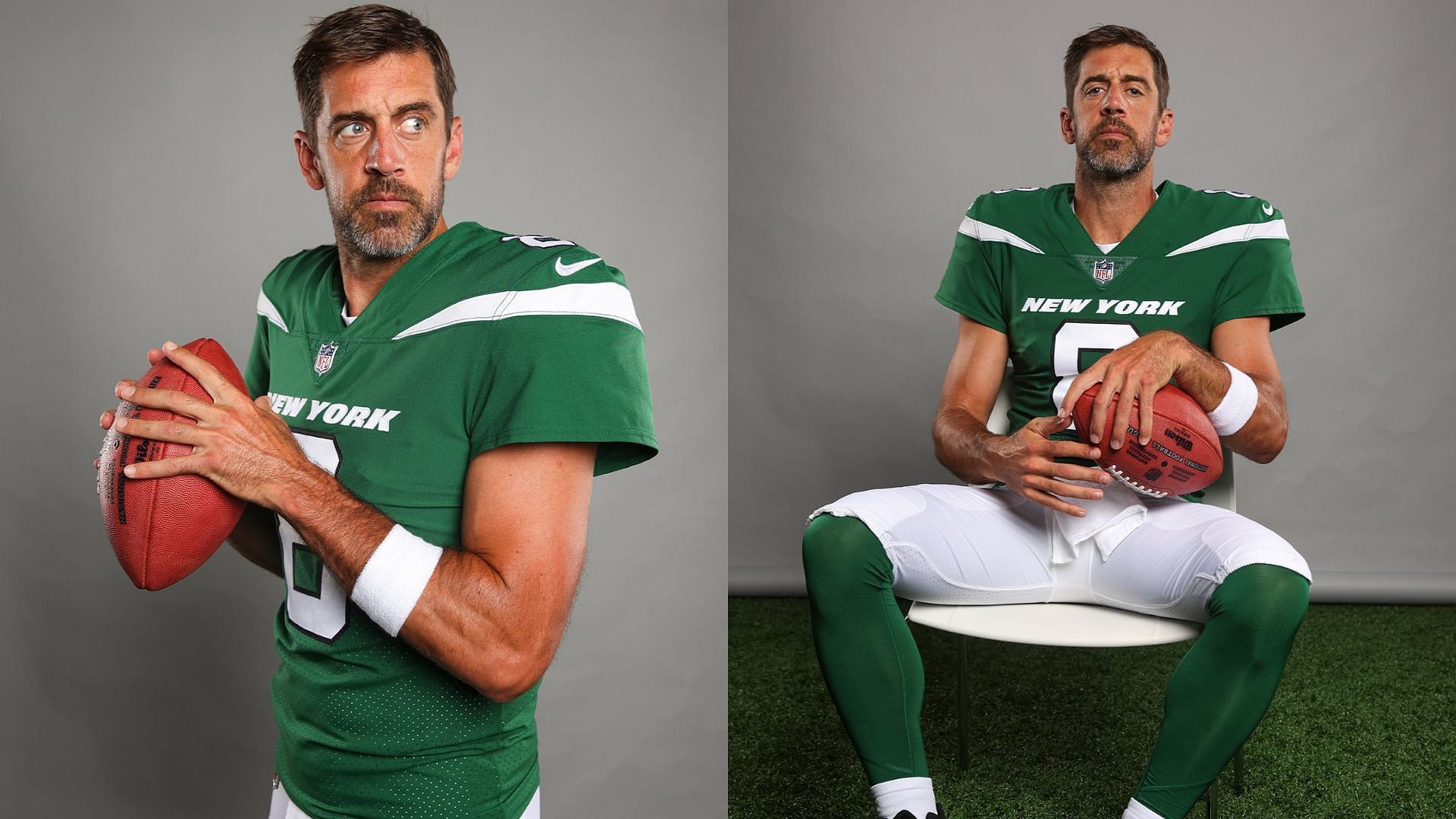 Aaron Rodgers&rsquo; photoshoot while wearing the New York Jets uniform. (Image credit: NFL on Twitter)