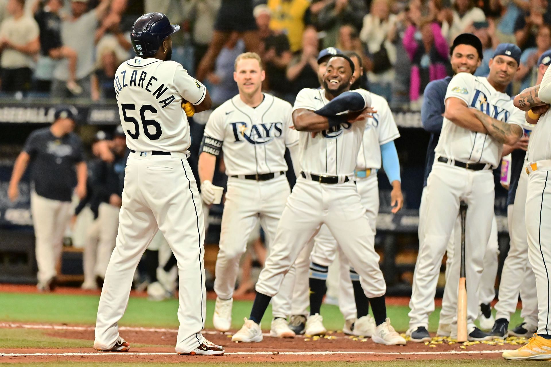 Randy Arozarena of the Tampa Bay Rays poses after hitting a home run at Tropicana Field