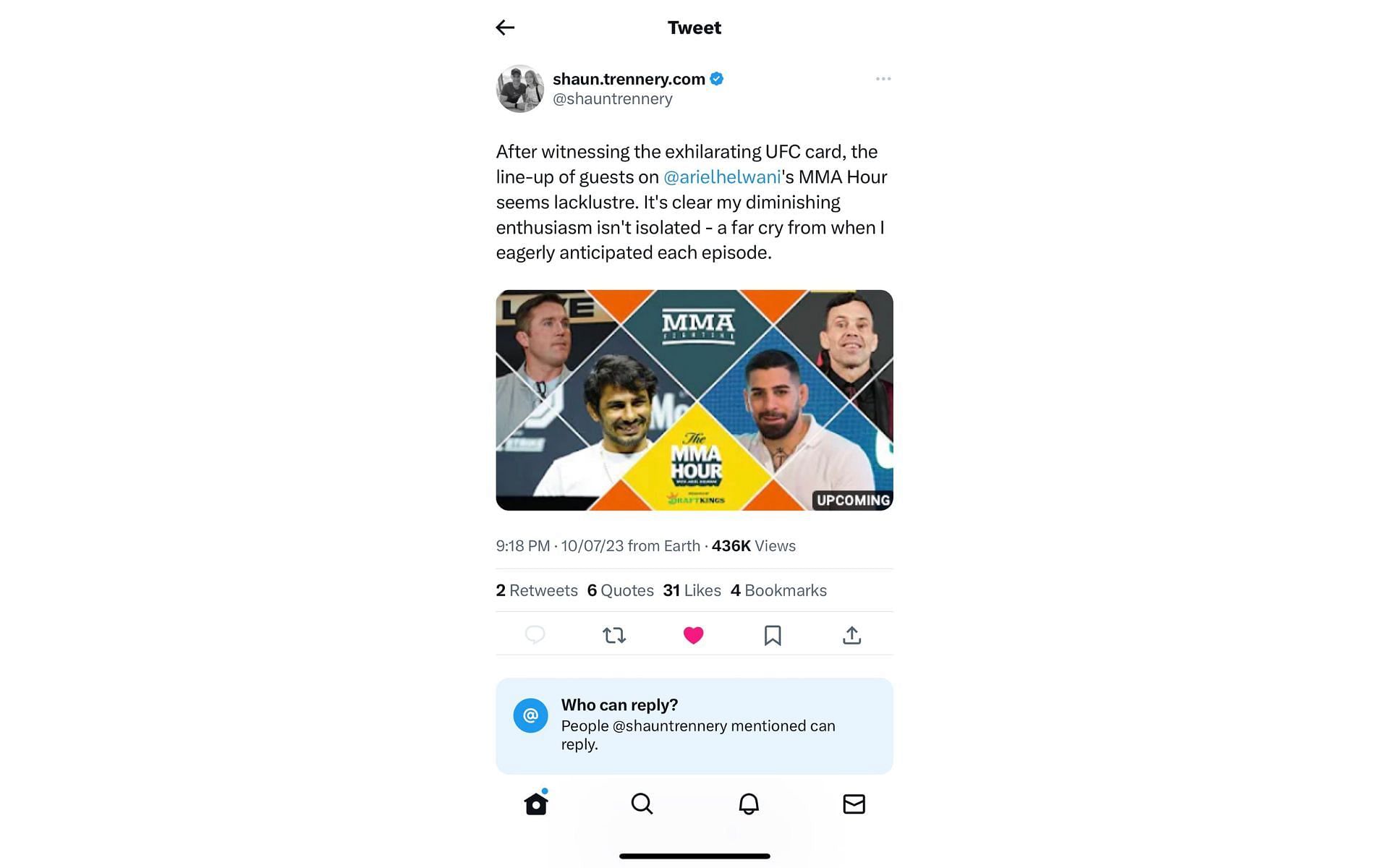 Deleted tweet on The MMA Hour guests lineup