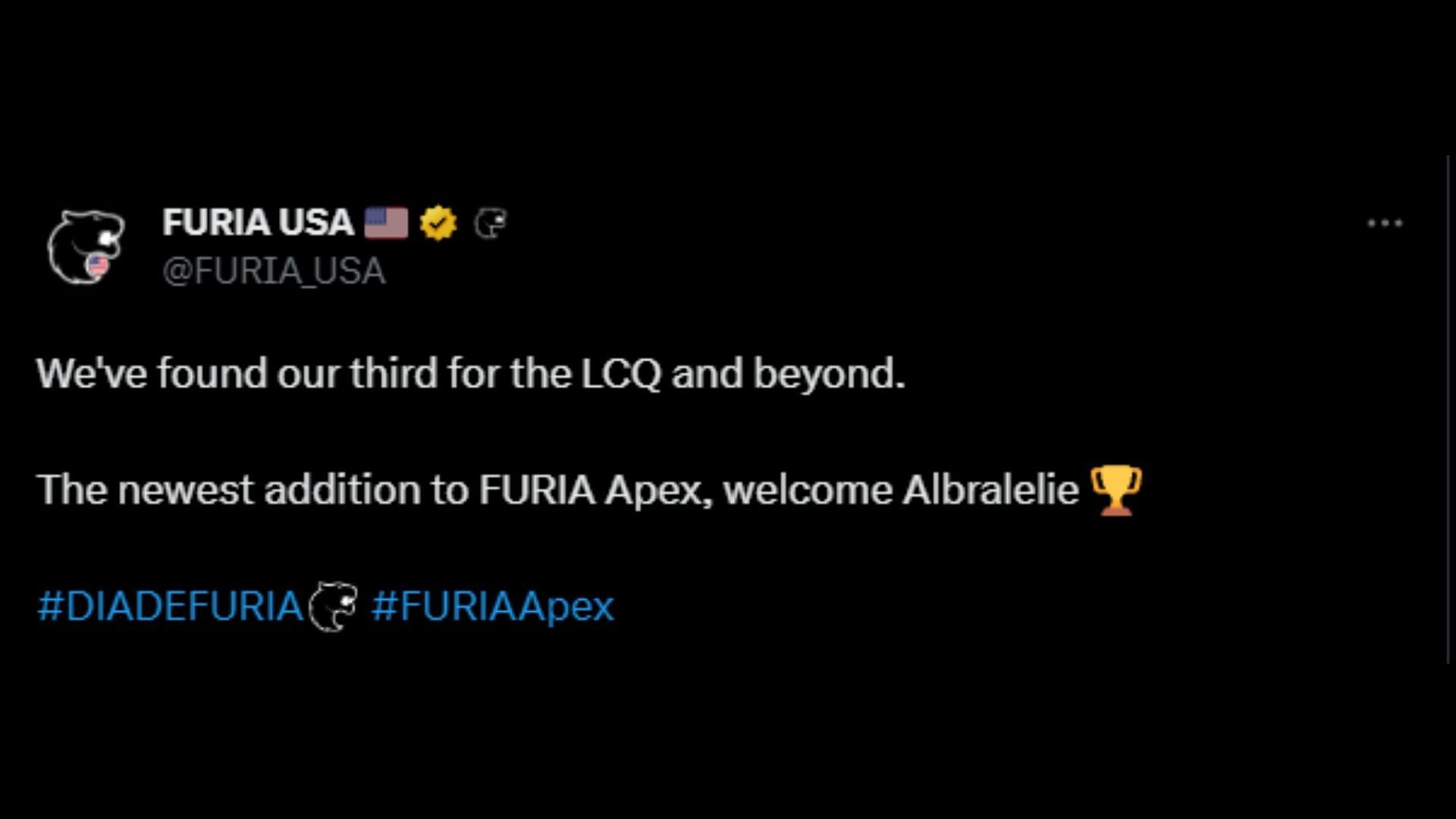 FURIA signs Albralelie for upcoming ALGS (Image via Twitter)