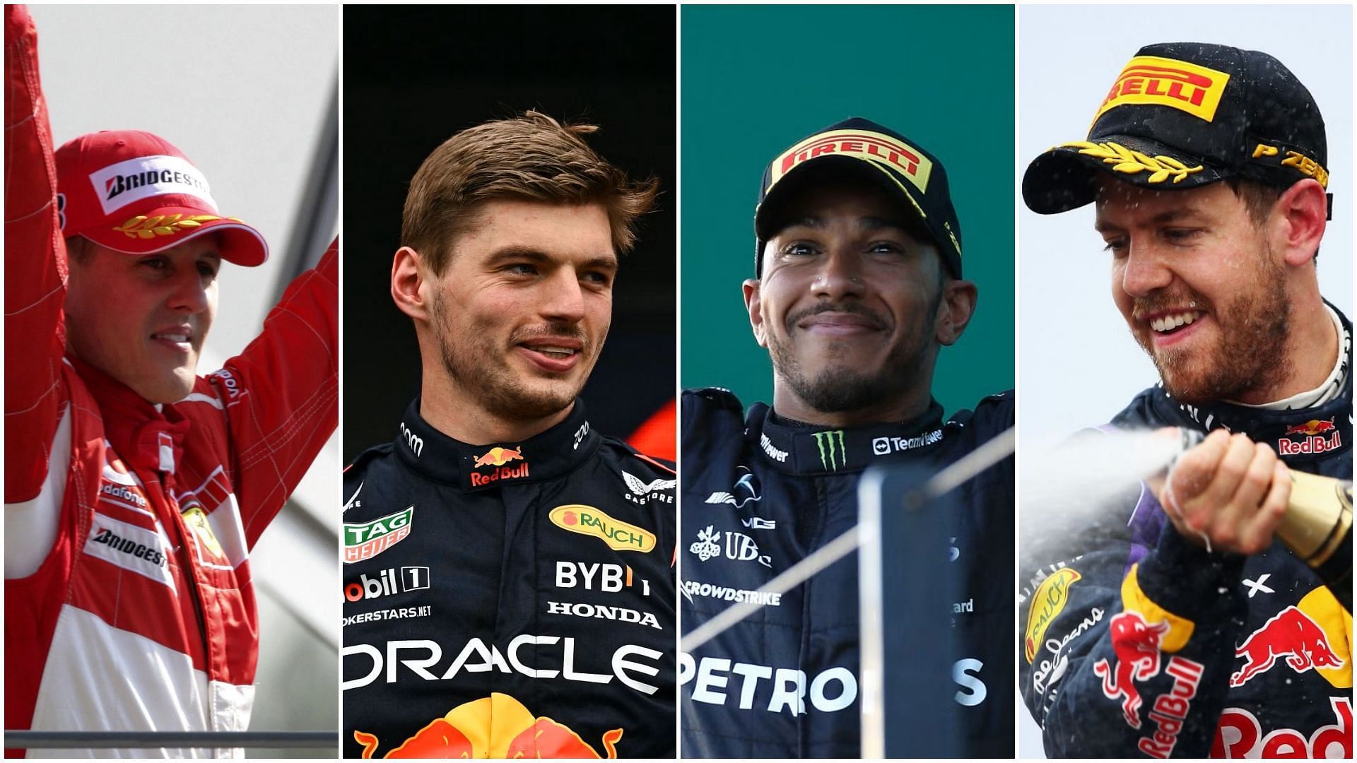 Michael Schumacher (L), Max Verstappen (CL), Lewis Hamilton (CR), and Sebastian Vettel (R) (Collage via Sportskeeda)