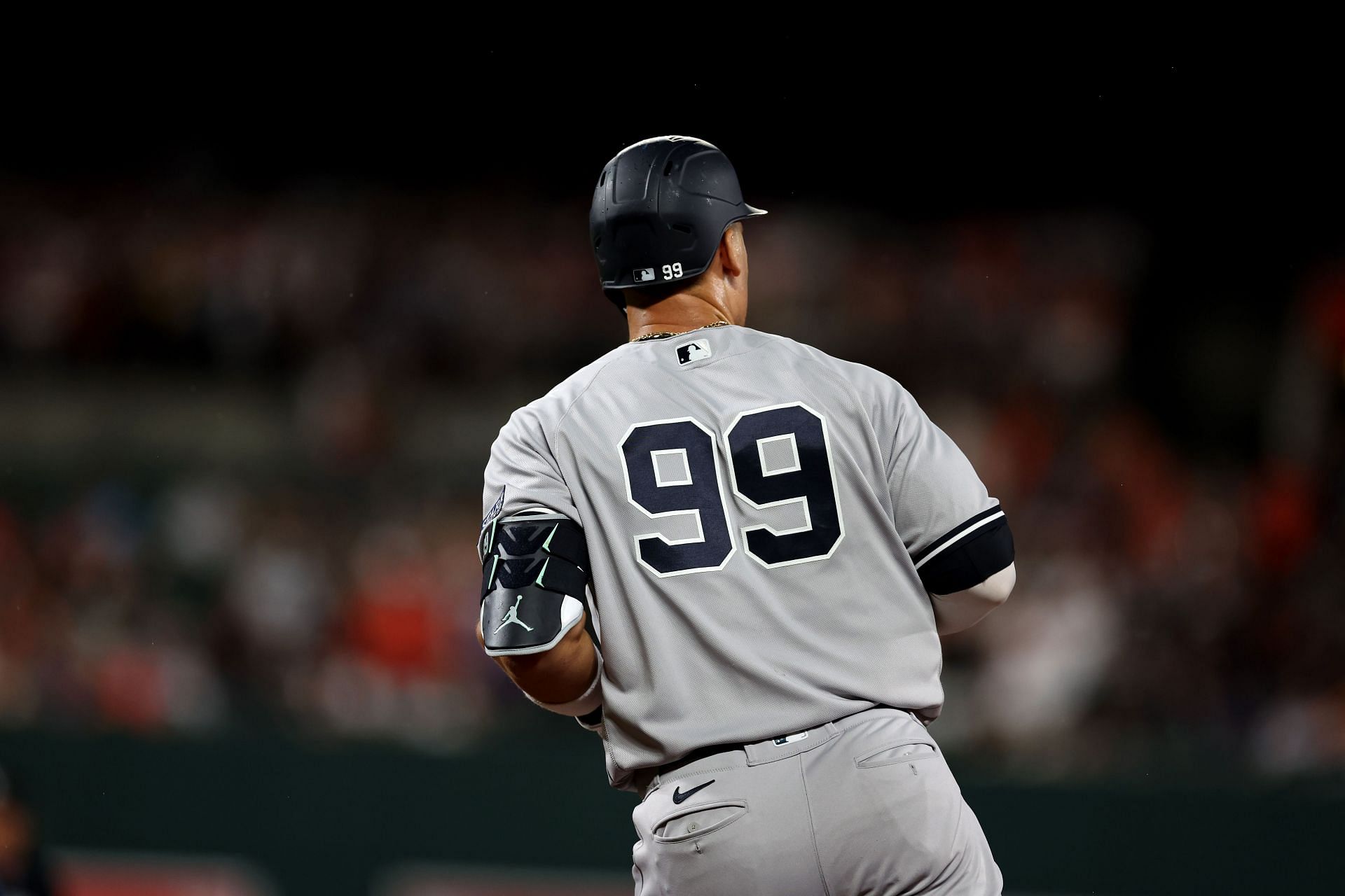 Aaron Judge of the New York Yankees looks on after flying out at Oriole Park at Camden Yards