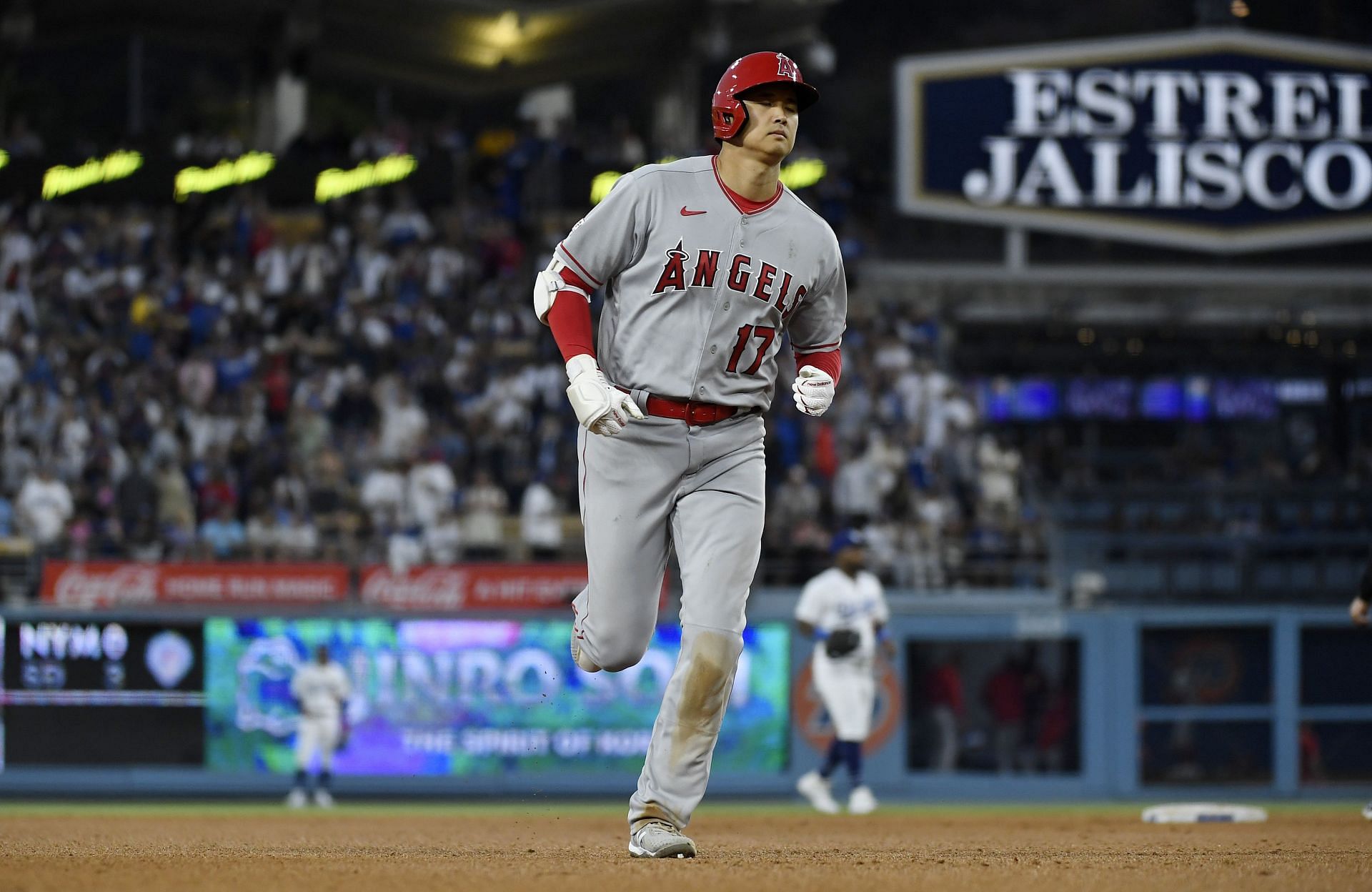 Shohei Ohtani of the Los Angeles Angels runs the bases after hitting a homer at Dodger Stadium