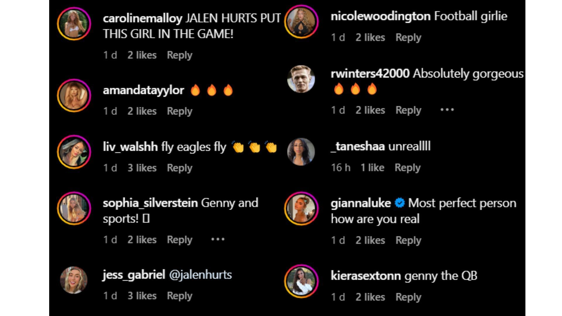 Fans wrote positive comments for the influencer and even tagged the Eagles&#039; starting QB, Jalen Hurts. Image Credit: Genevieve Shawcross&#039; Instagram comment section (@genny.shawcross).