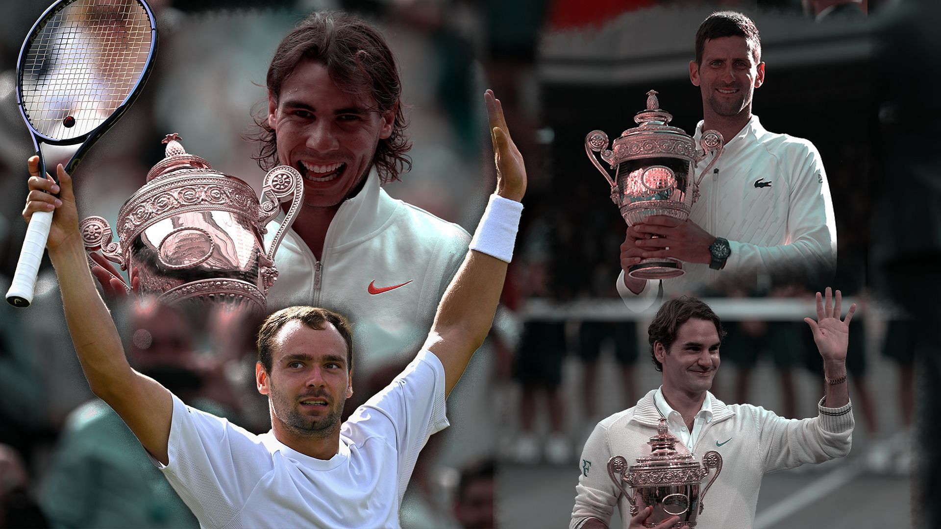 Rafael Nadal(top left), Novak Djokovic(top right), Roman Safiullin(bottom left) and Roger Federer(bottom right)