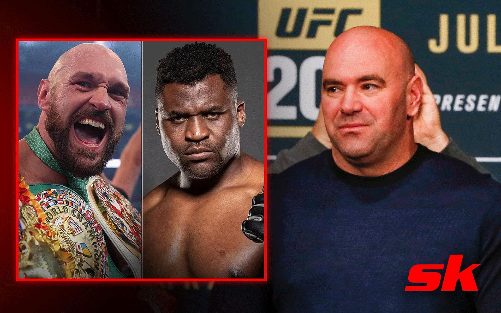 Tyson Fury and Francis Ngannou (left) [image courtesy of @francisngannou/Instagram]; Dana White (right)