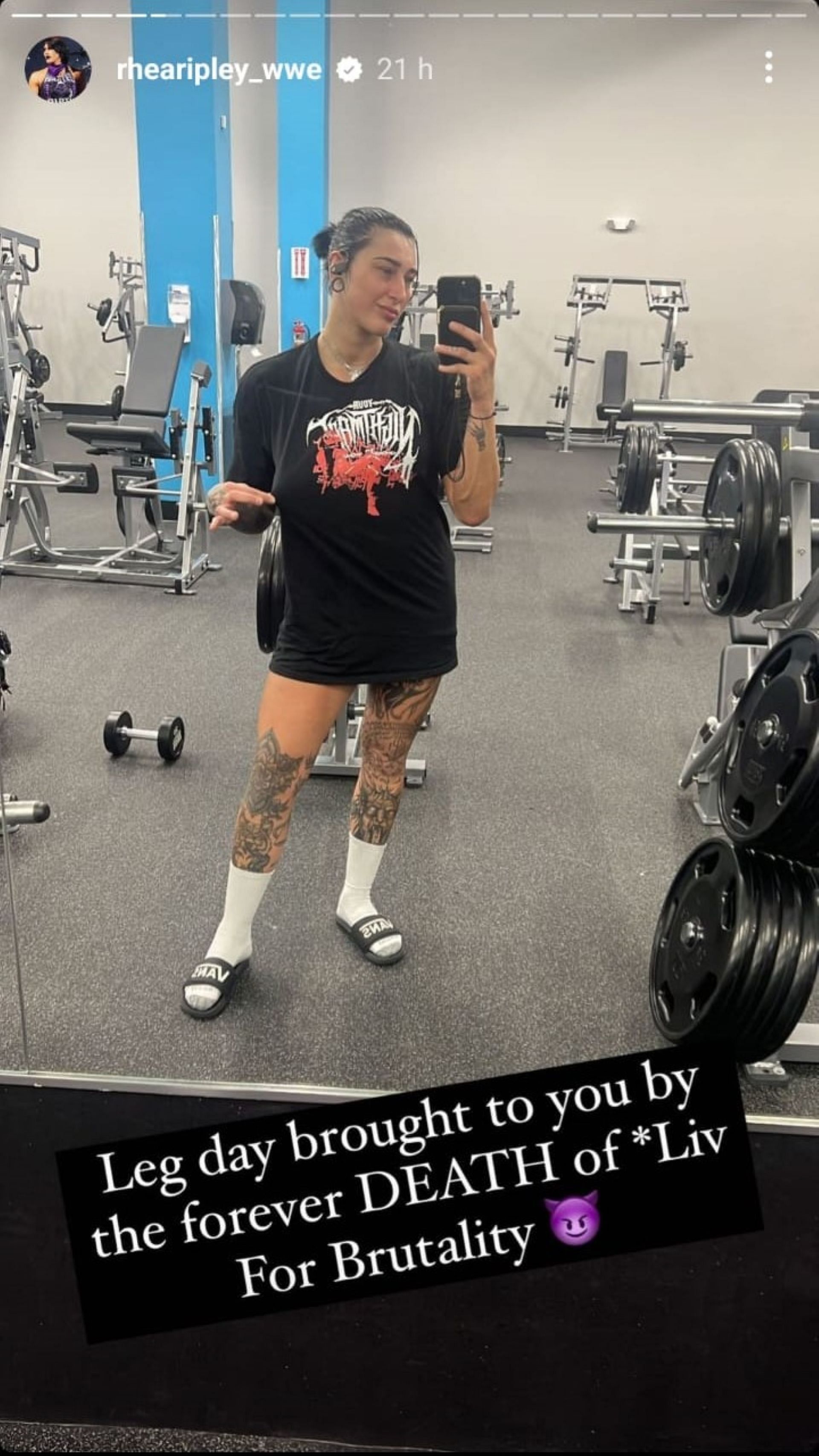 Rhea Ripley showing off her workout progress in her Instagram story with a message for Liv Morgan.
