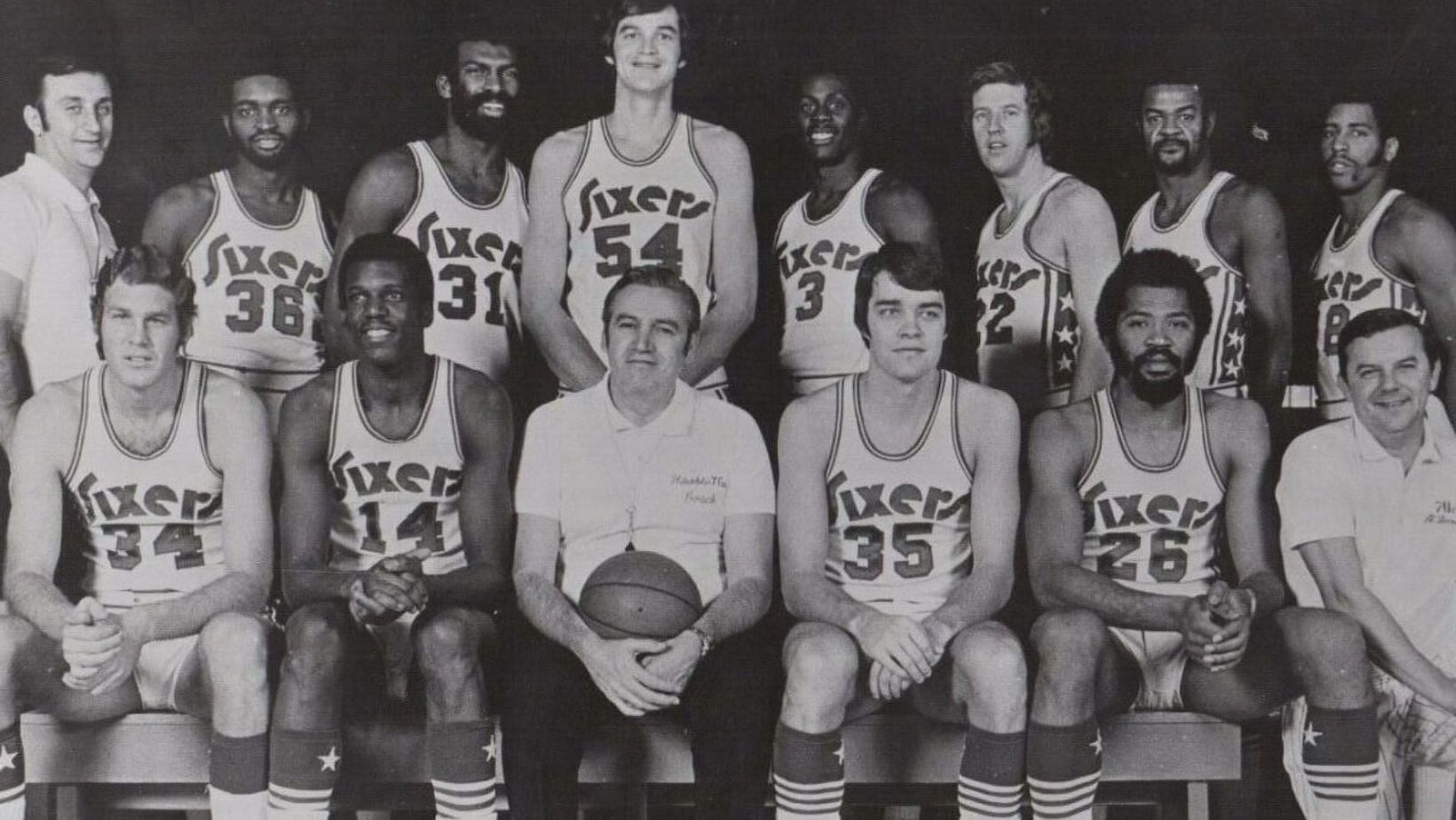 The Philadelphia 76ers before the start of the 1972-73 season with new coach Roy Rubin in the middle.