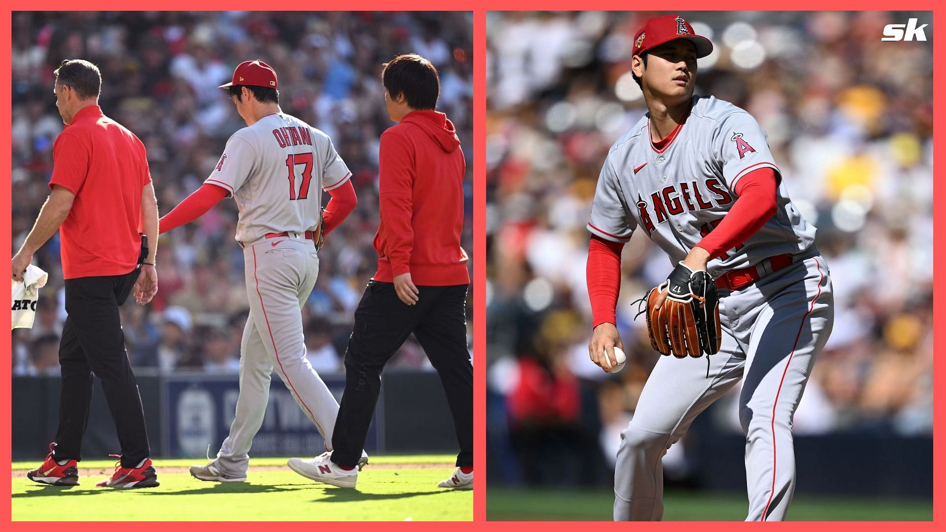 Shohei Ohtani pitching for the Los Angeles Angels left the game early against the San Diego Padres due to blisters in his hand.