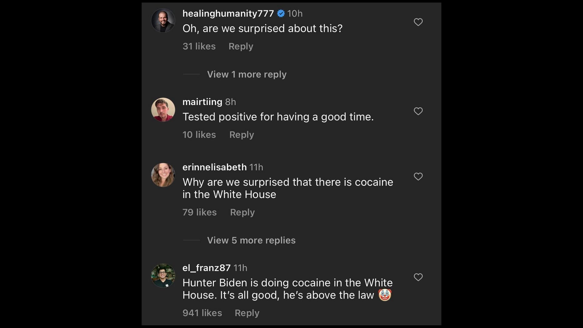 Screenshot of Internet users remarking on cocaine being found in the official residence of the President. (Photo via @Pubity/Instagram)