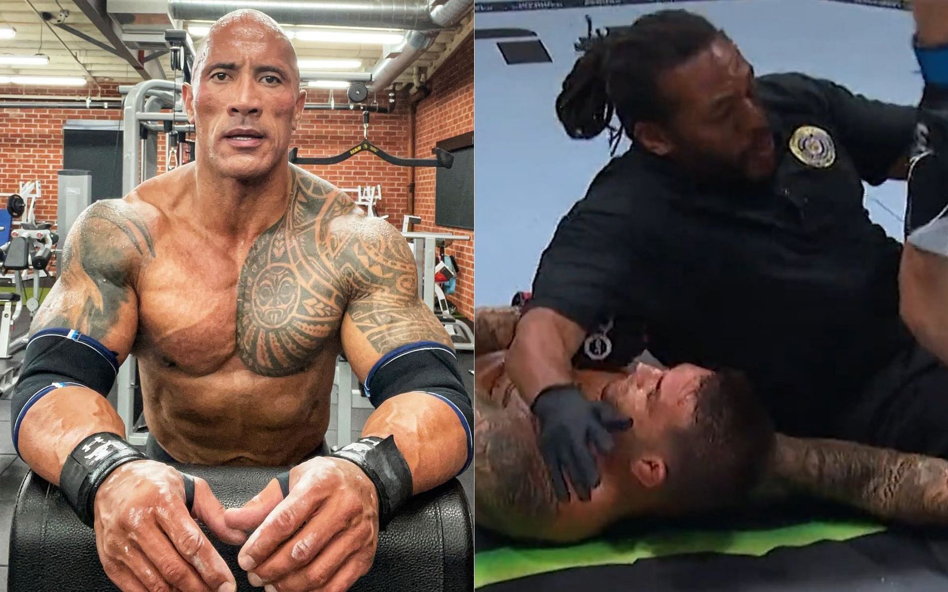 Dwayne Johnson (left) Herb Dean and Dustin Poirier (right) [Image courtesy @therock on Instagram @espnmma on Twitter]