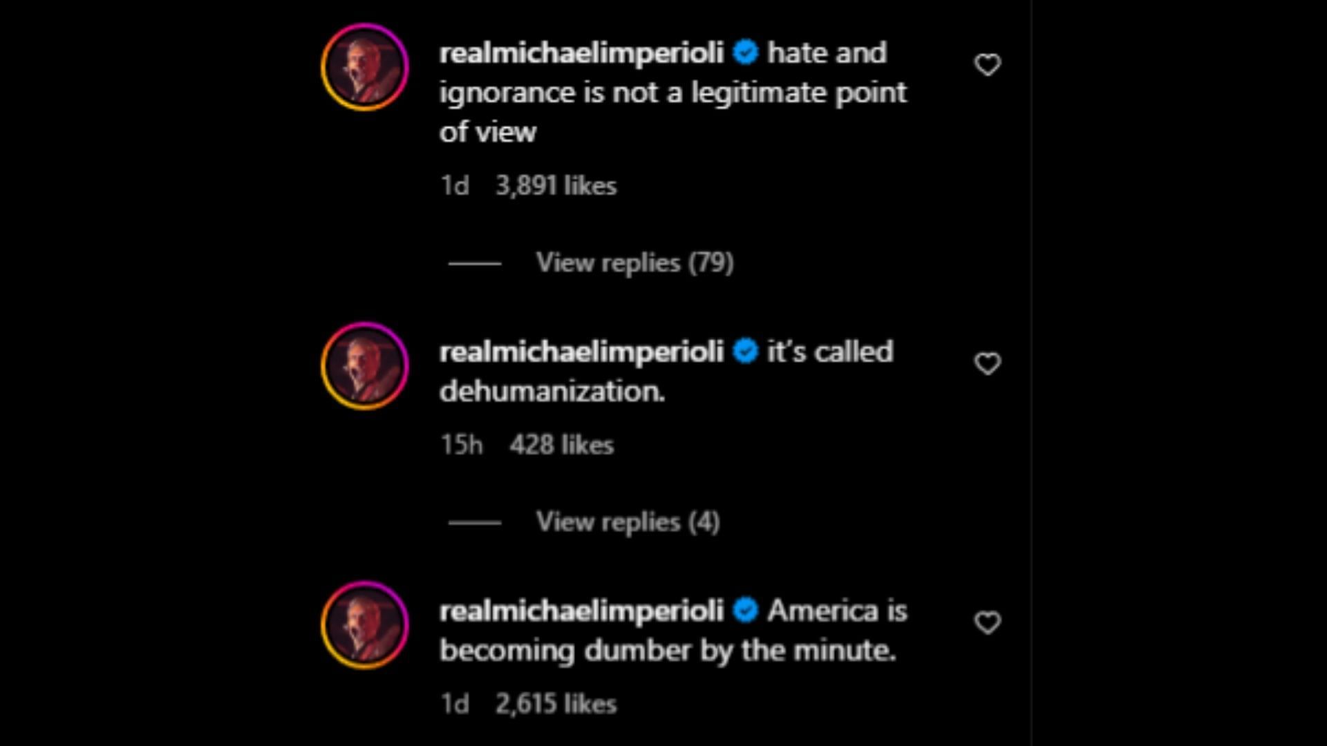 Screenshot of the comments made by Michael Imperioli on his Instagram post.