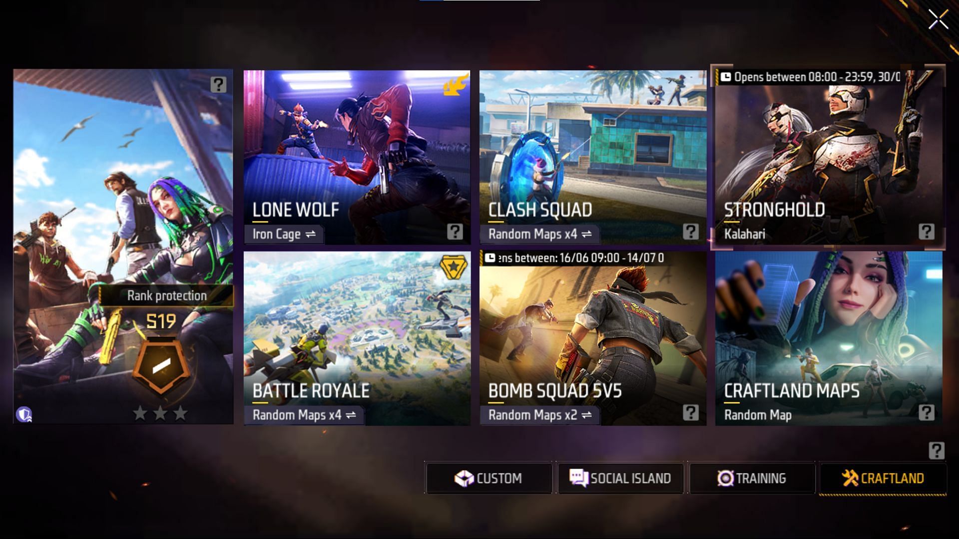 The available modes in Free Fire MAX at the moment (Image via Garena)